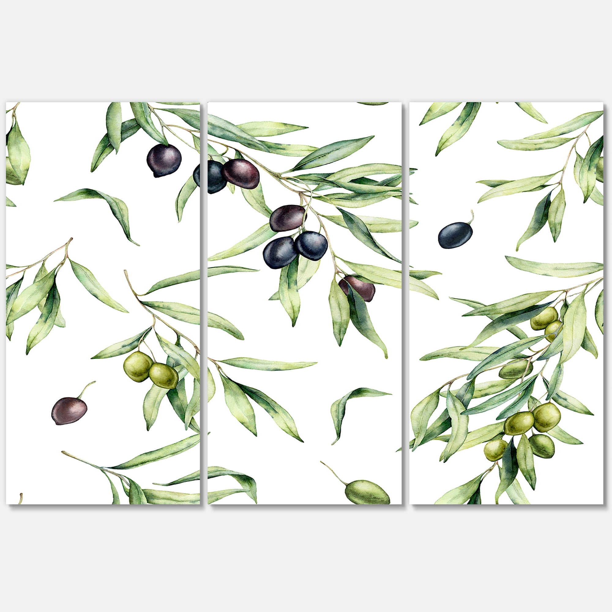 Designart ' Black and Green Olives With Olive Branches & Leaves ' Lake House Canvas Wall Art Print