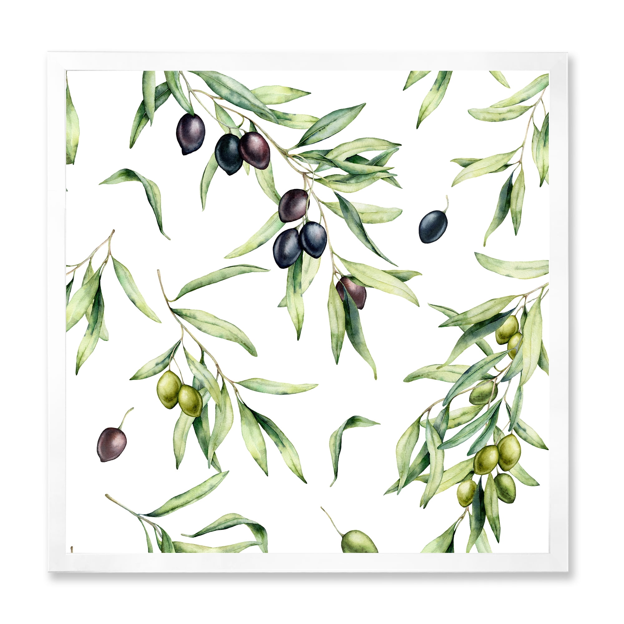 Designart 'Black and Green Olives With Olive Branches & Leaves' Lake House Framed Art Print