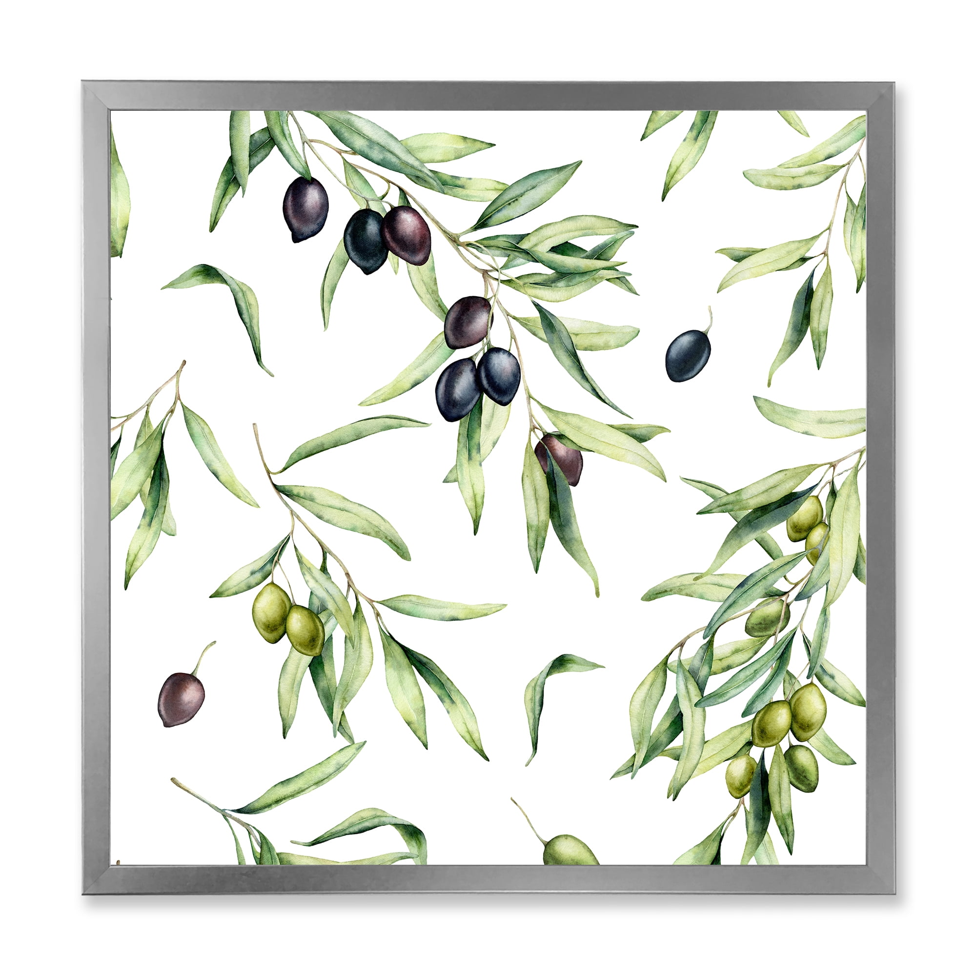 Designart 'Black and Green Olives With Olive Branches & Leaves' Lake House Framed Art Print