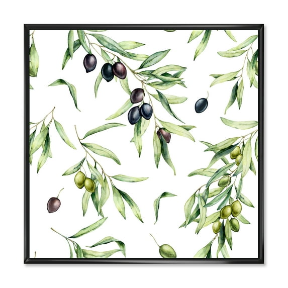 Designart 'Black and Green Olives With Olive Branches & Leaves' Lake House Framed Canvas Wall Art Print