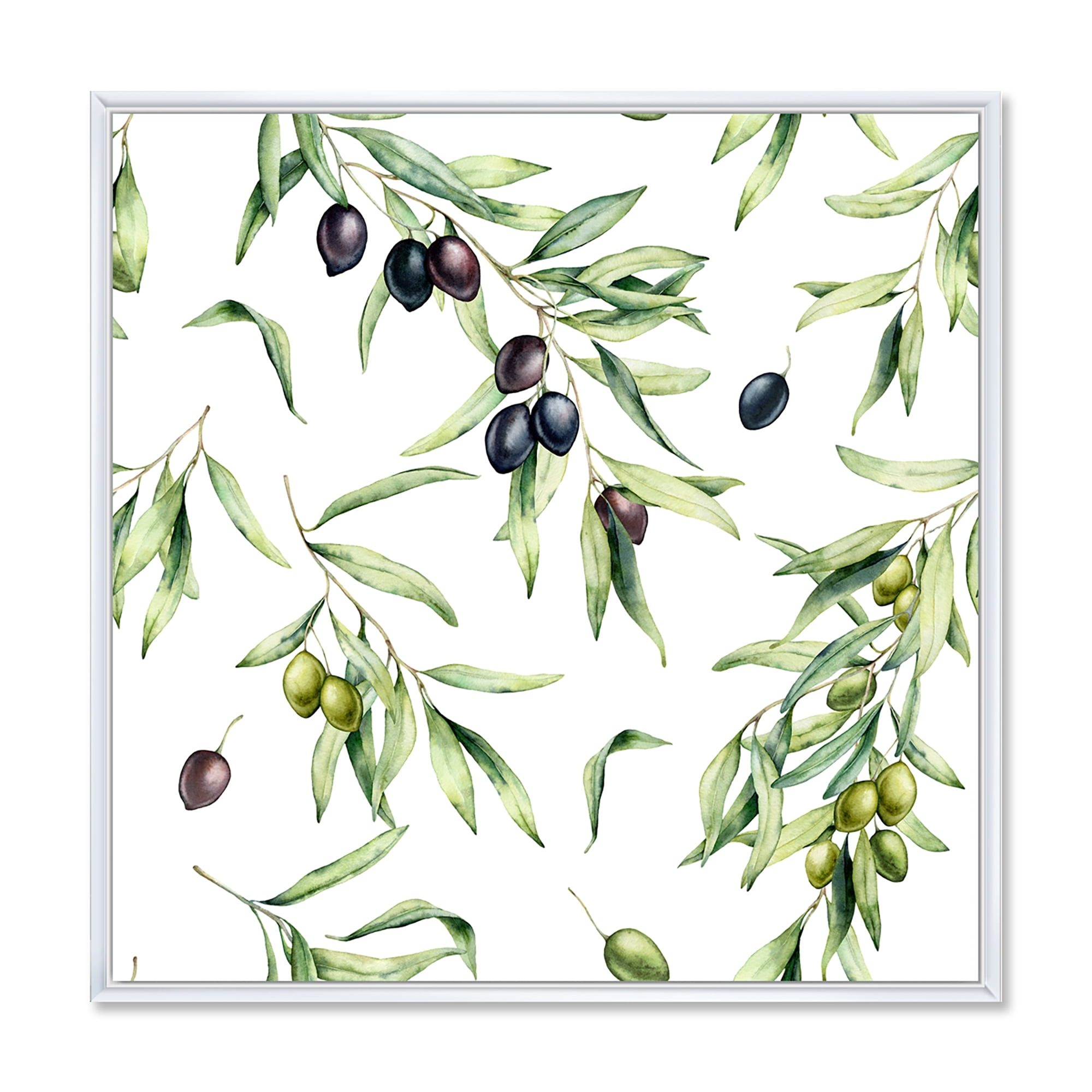 Designart 'Black and Green Olives With Olive Branches & Leaves' Lake House Framed Canvas Wall Art Print