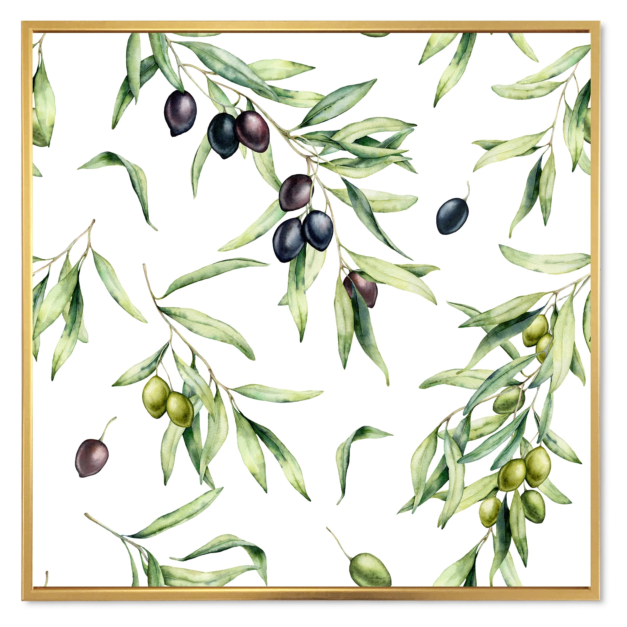 Designart 'Black and Green Olives With Olive Branches & Leaves' Lake House Framed Canvas Wall Art Print