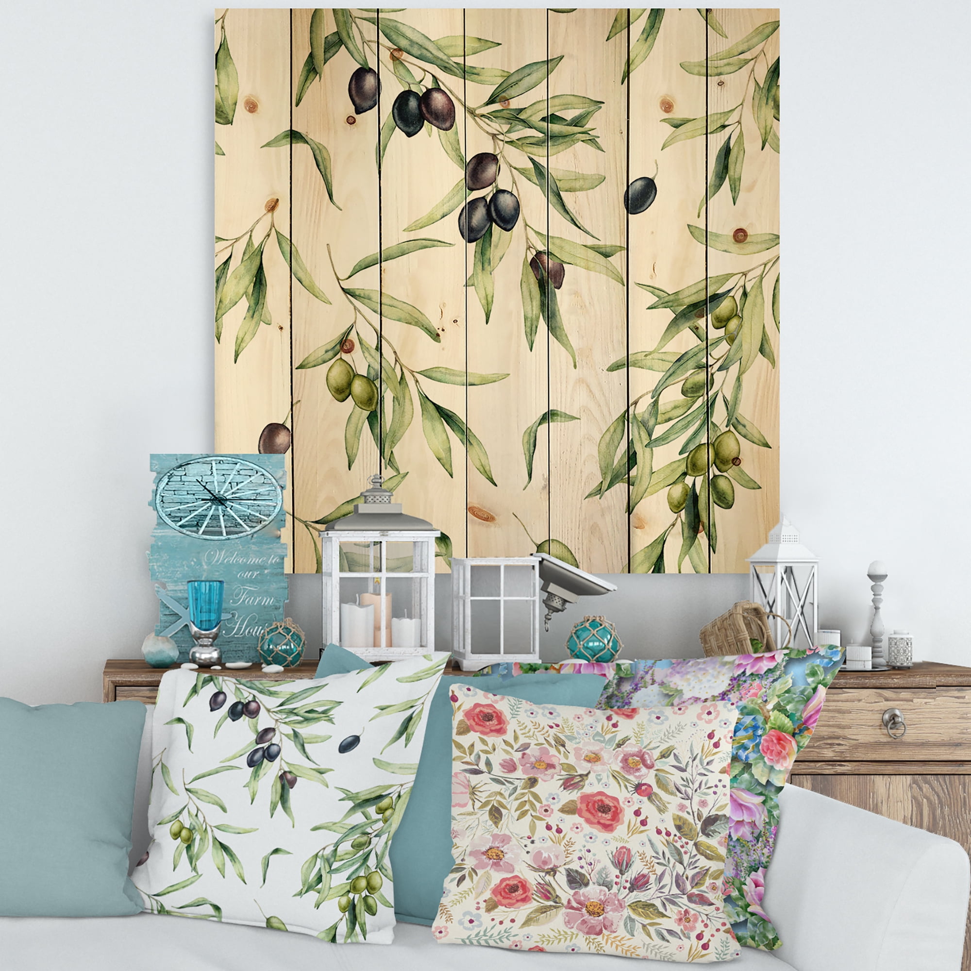 Designart 'Black and Green Olives With Olive Branches & Leaves' Lake House Print on Natural Pine Wood
