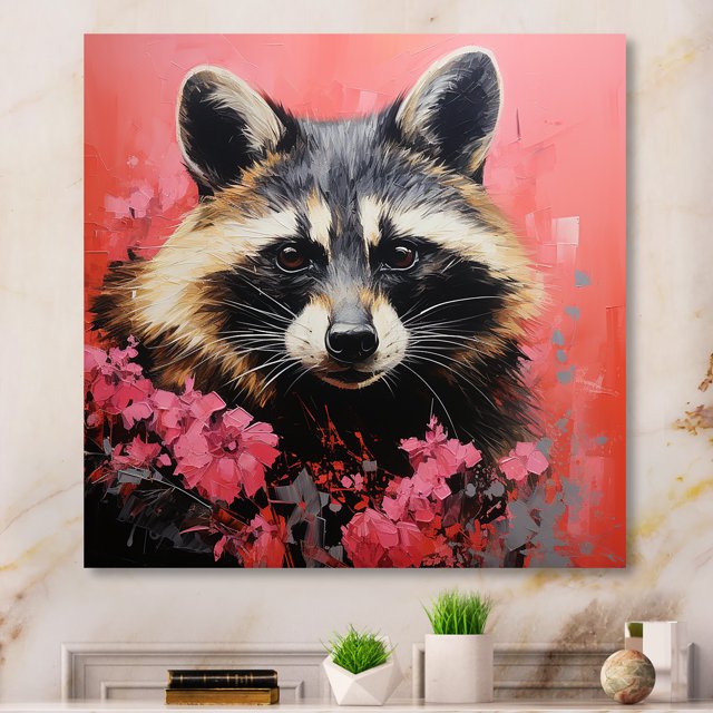 Designart "Black and Pink Raccoon with Flower I" Animals Wall Art