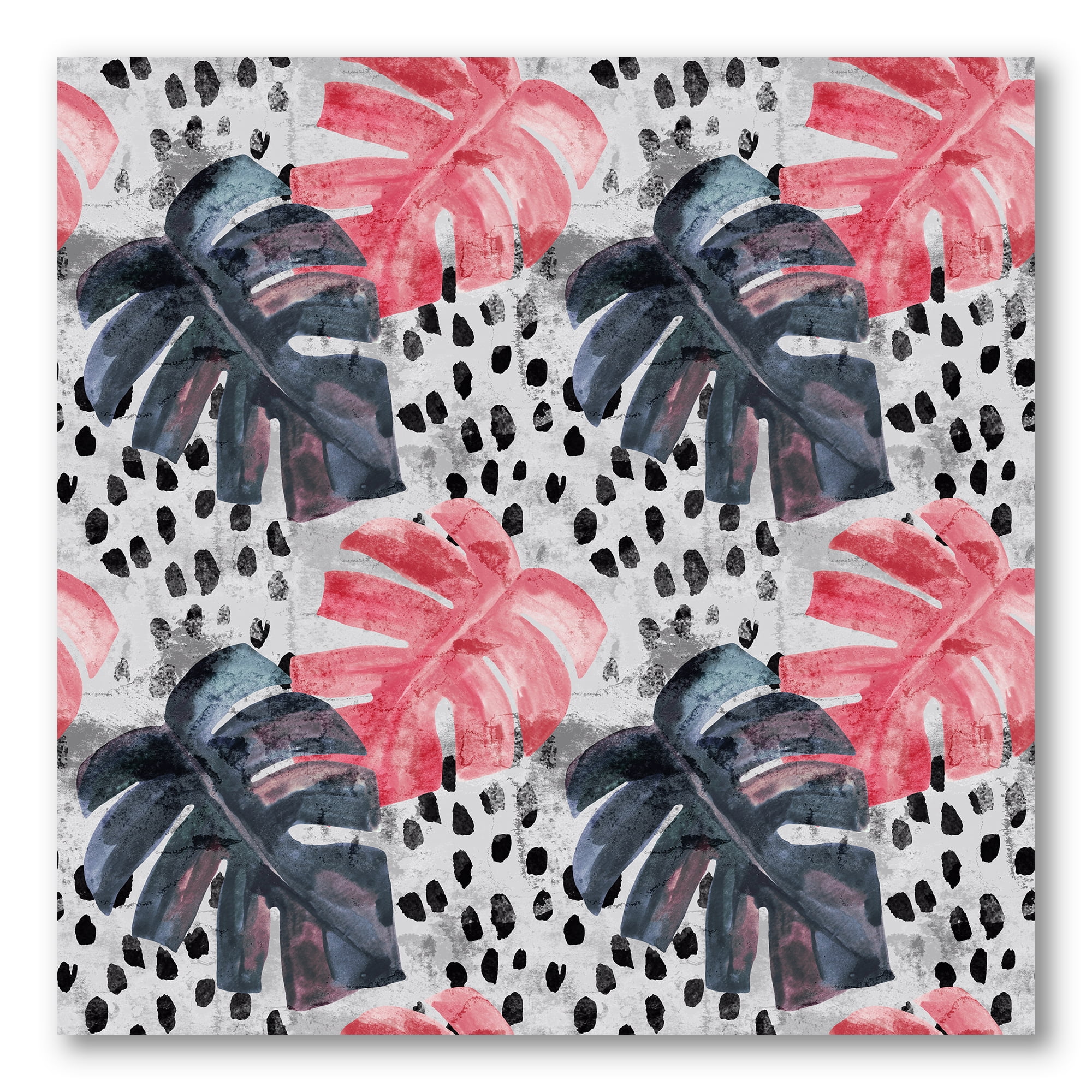 Designart ' Black and Red Monstera On Rough Brush Strokes I ' Tropical Canvas Wall Art Print
