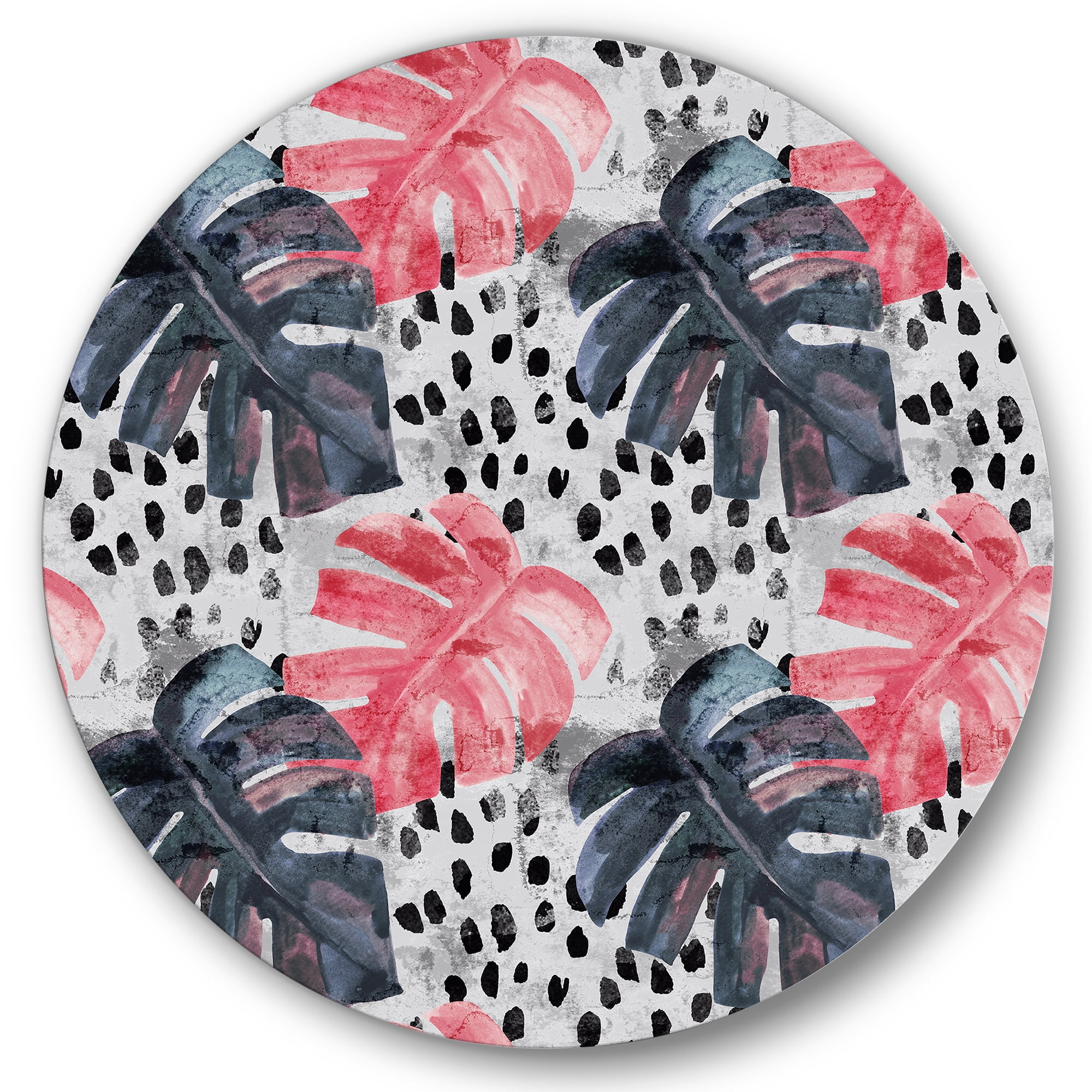 Designart 'Black and Red Monstera On Rough Brush Strokes I' Tropical Circle Metal Wall Art 36x36 - Disc of 36
