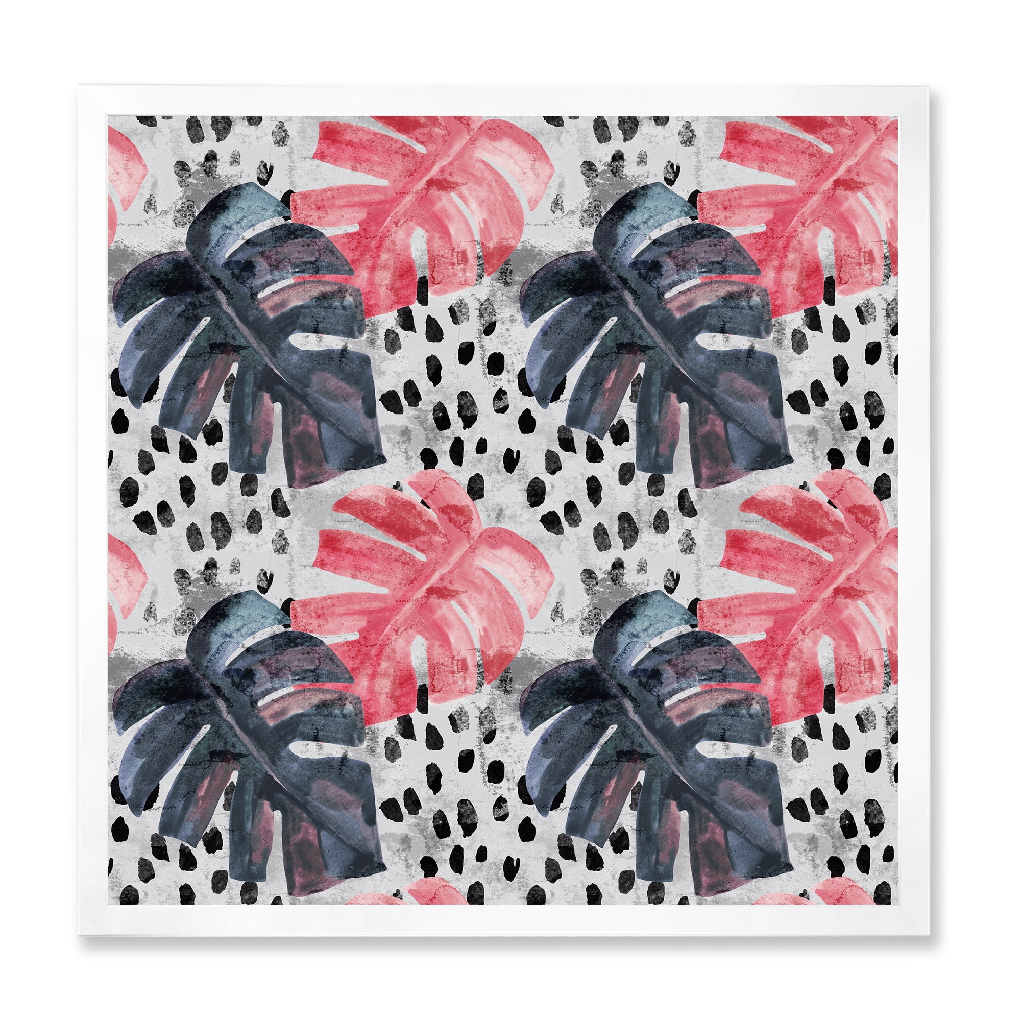 Designart 'Black and Red Monstera On Rough Brush Strokes I' Tropical Framed Art Print