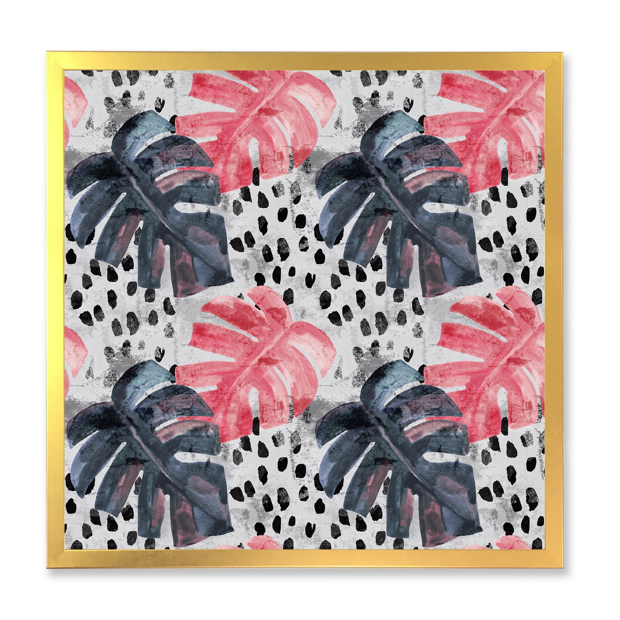 Designart 'Black and Red Monstera On Rough Brush Strokes I' Tropical Framed Art Print