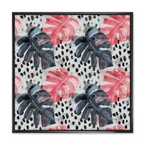 Designart 'Black and Red Monstera On Rough Brush Strokes I' Tropical Framed Canvas Wall Art Print
