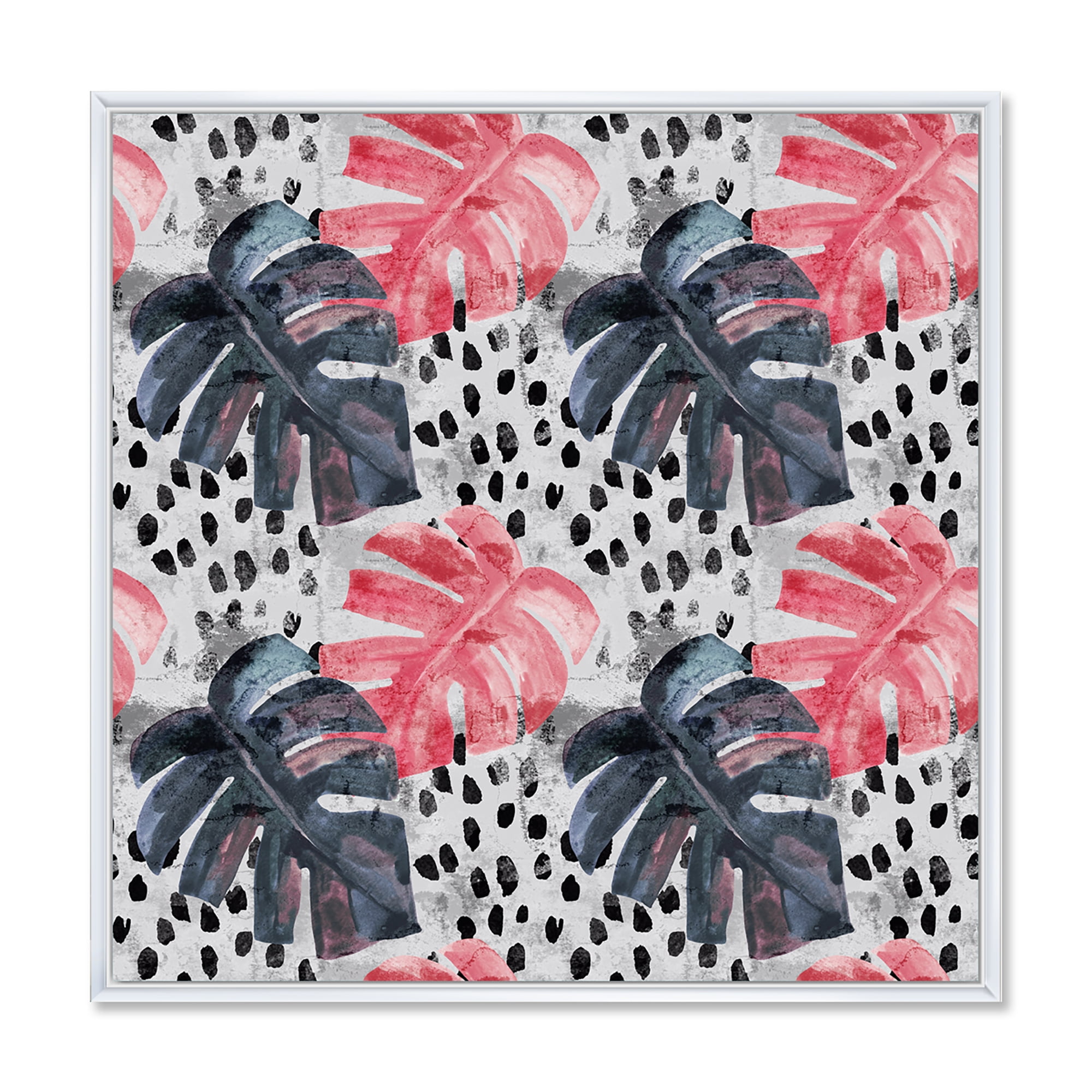 Designart 'Black and Red Monstera On Rough Brush Strokes I' Tropical Framed Canvas Wall Art Print