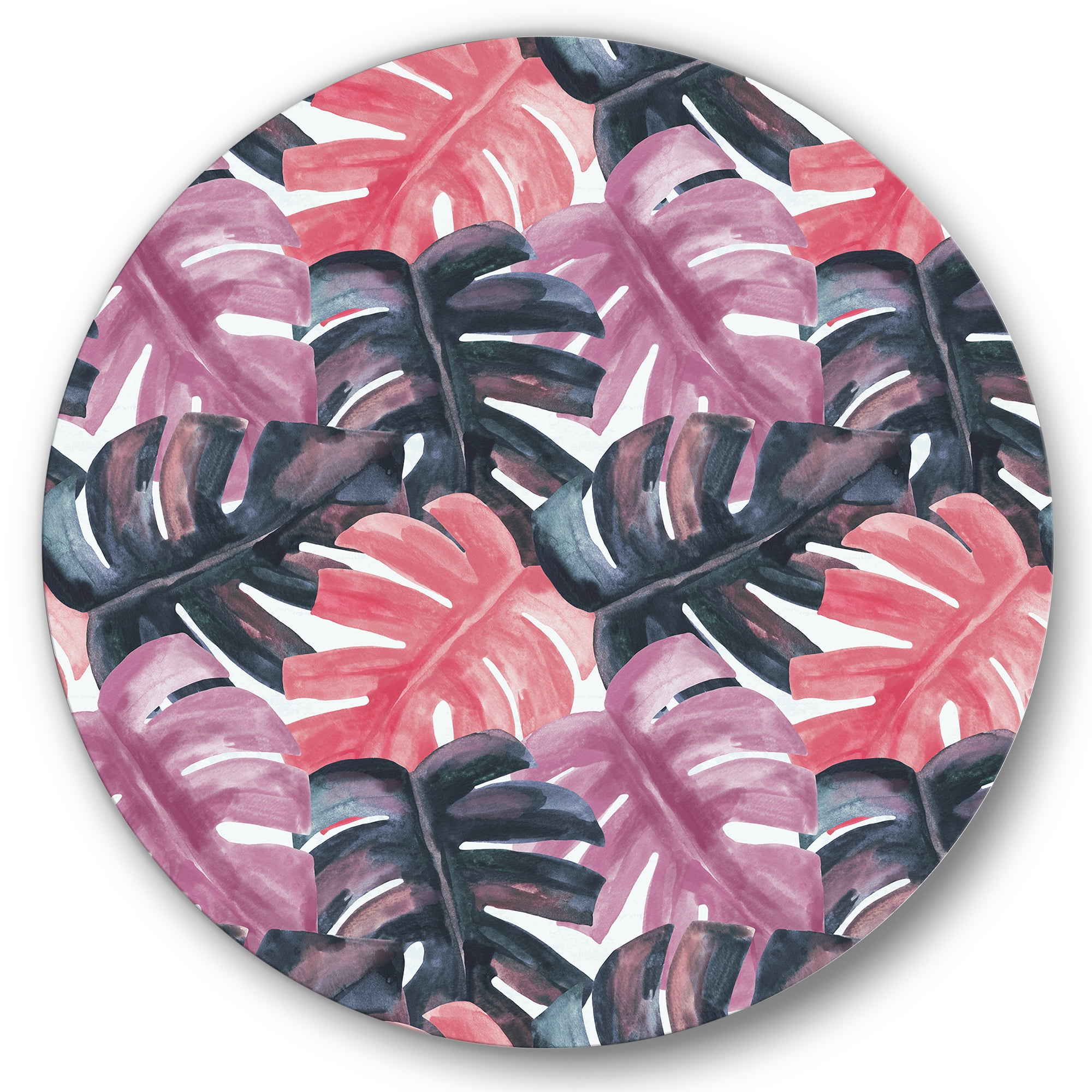 Designart 'Black and Red Monstera On Rough Brush Strokes II' Tropical Circle Metal Wall Art 23x23 - Disc of 23