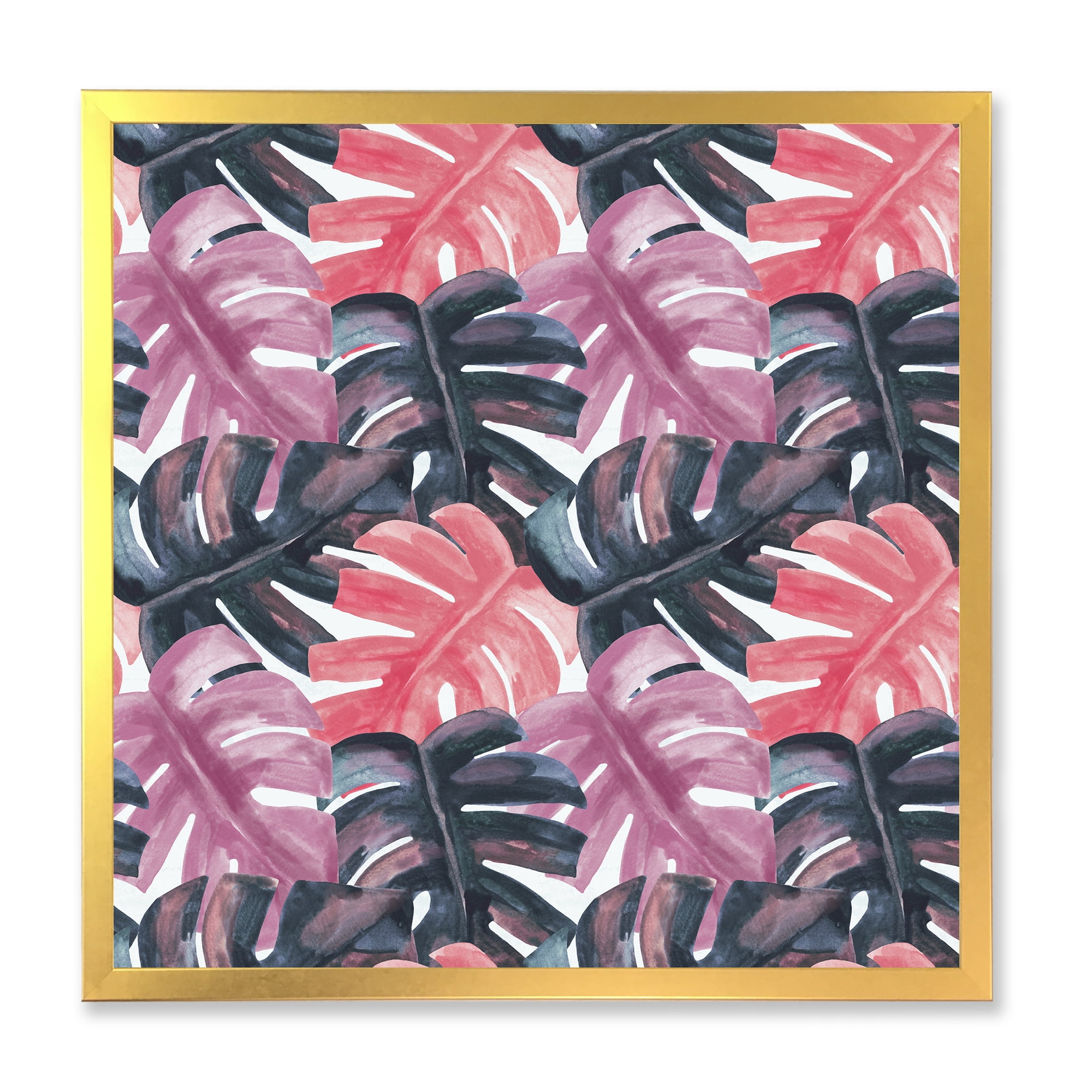 Designart 'Black and Red Monstera On Rough Brush Strokes II' Tropical Framed Art Print