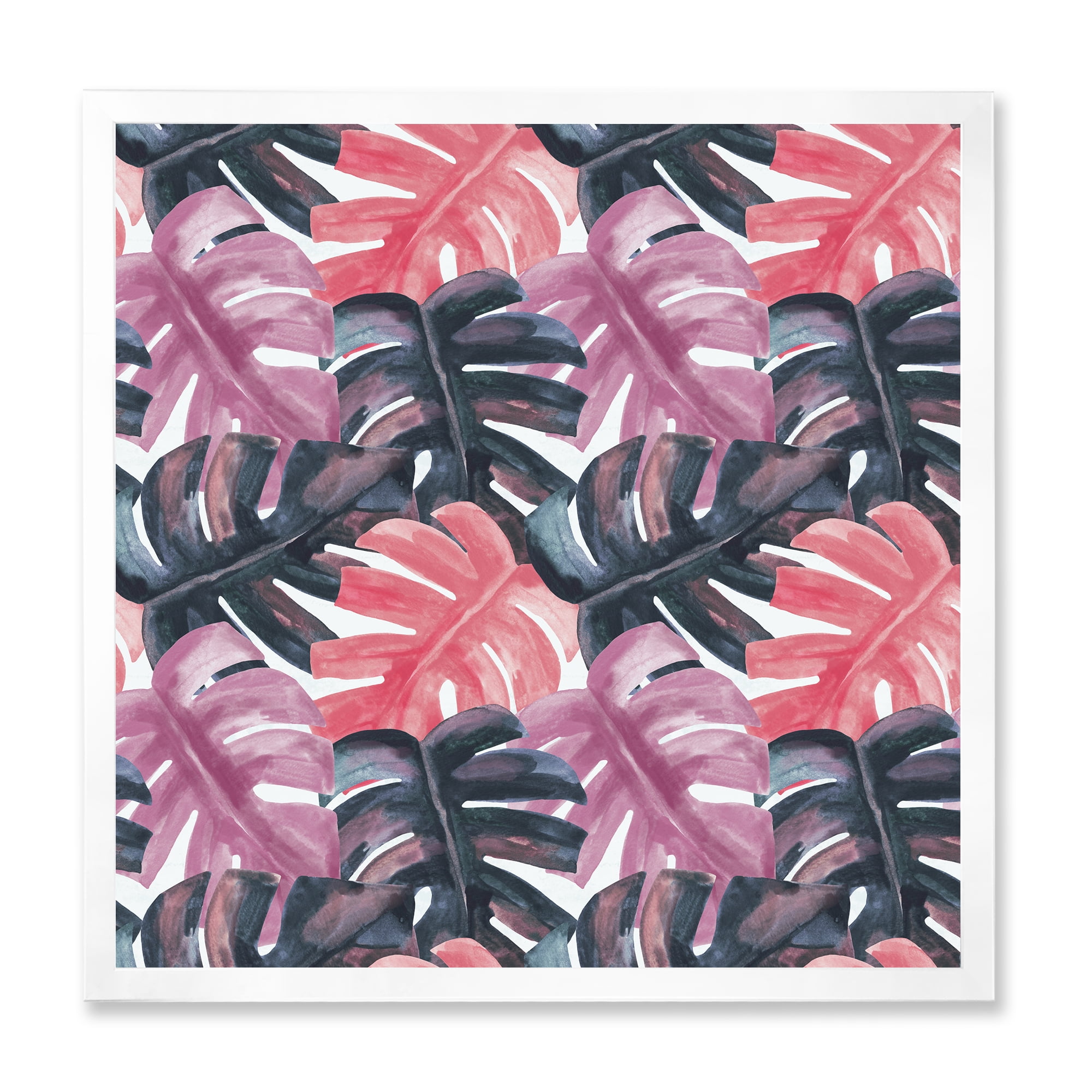 Designart 'Black and Red Monstera On Rough Brush Strokes II' Tropical Framed Art Print