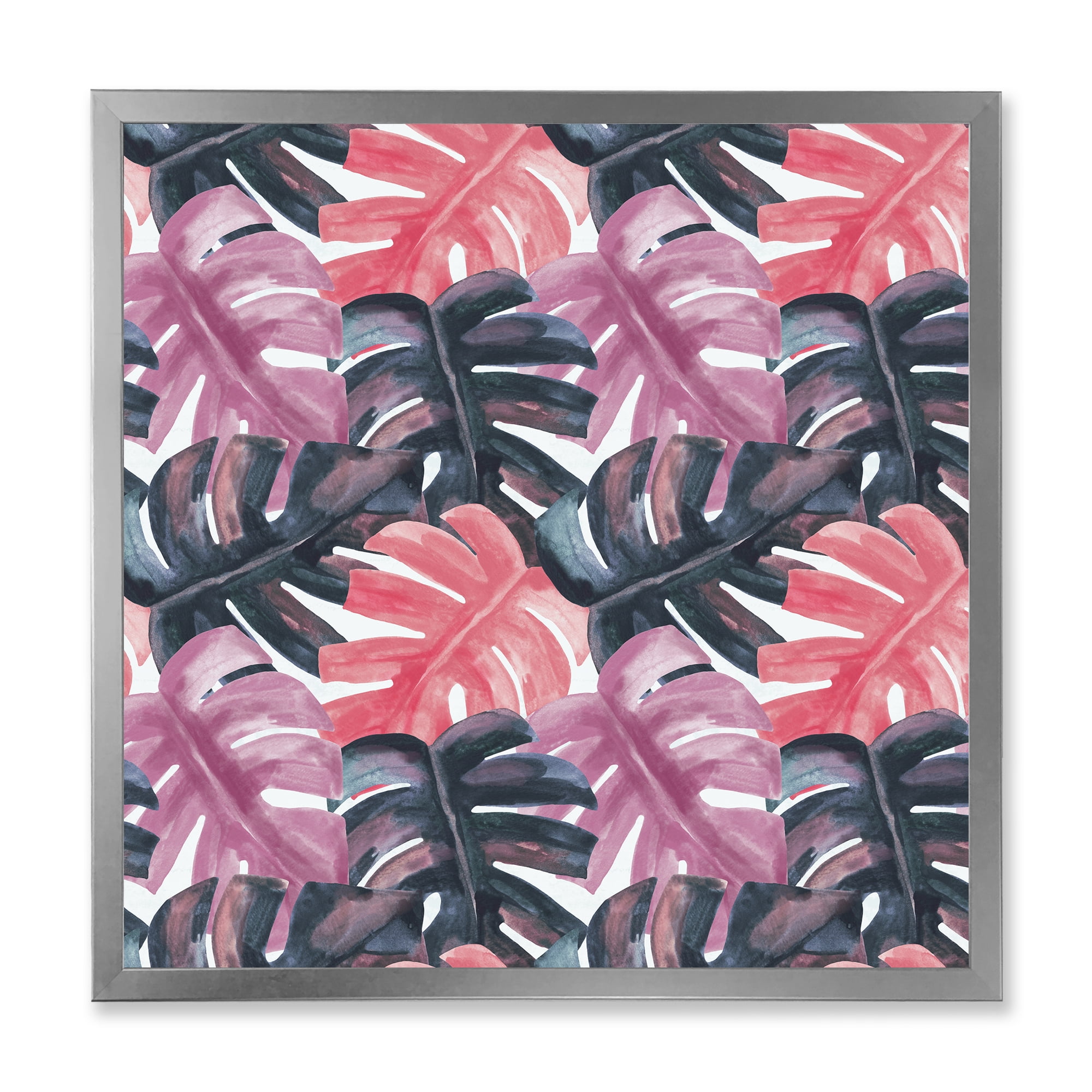 Designart 'Black and Red Monstera On Rough Brush Strokes II' Tropical Framed Art Print