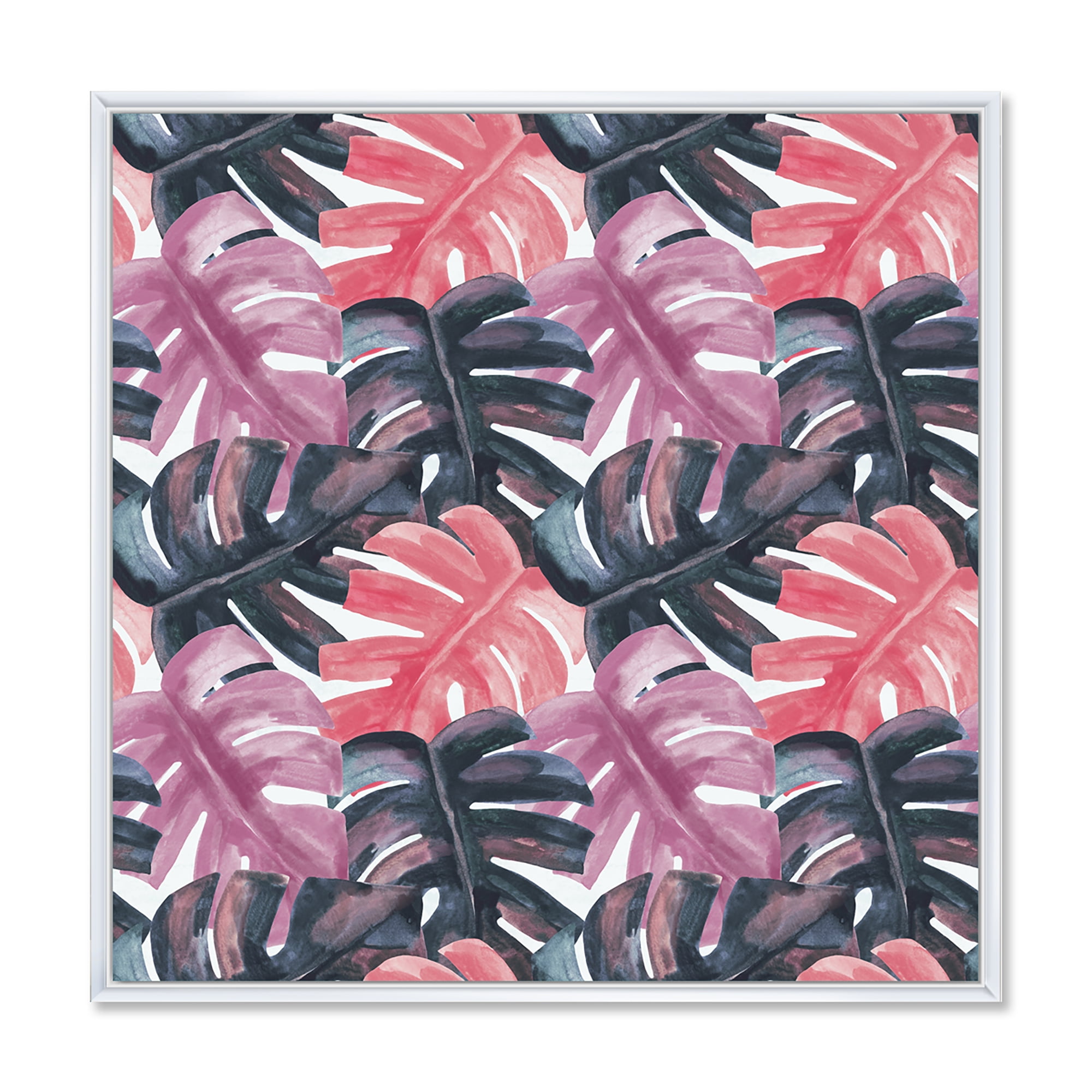 Designart 'Black and Red Monstera On Rough Brush Strokes II' Tropical Framed Canvas Wall Art Print