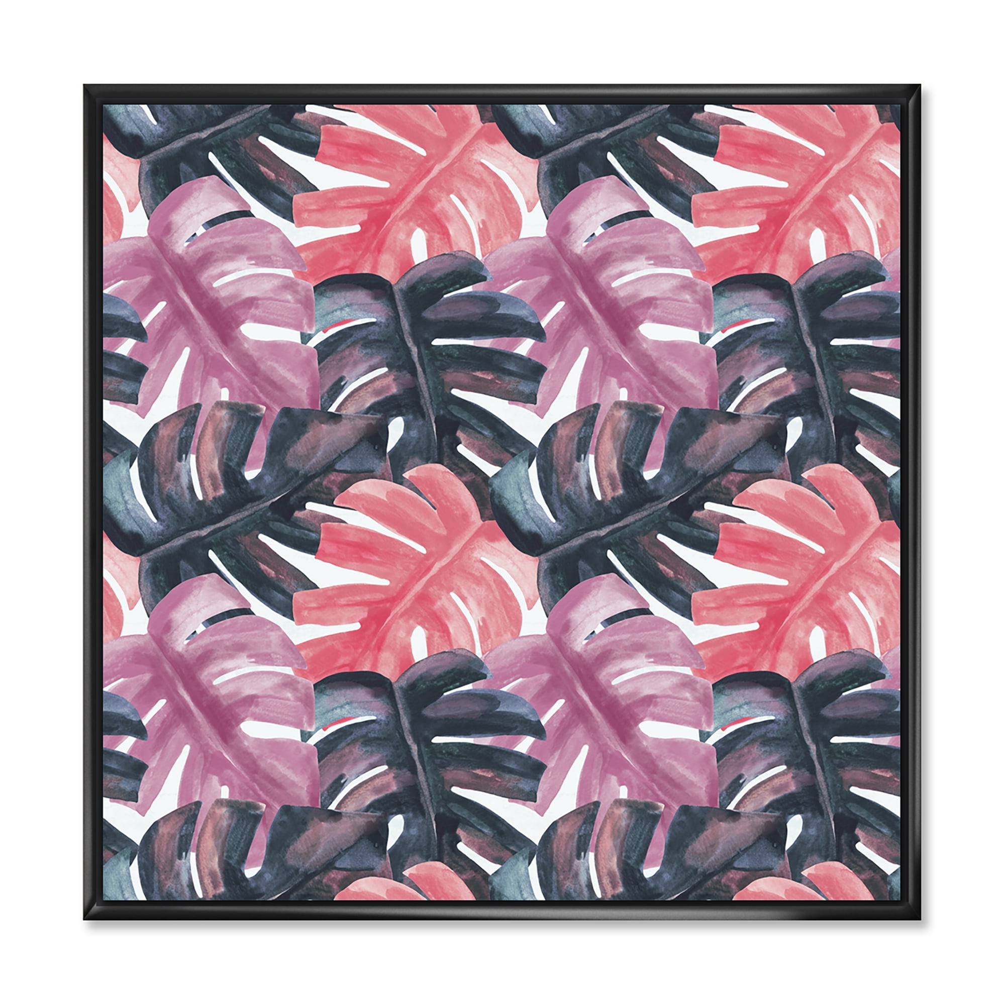 Designart 'Black and Red Monstera On Rough Brush Strokes II' Tropical Framed Canvas Wall Art Print
