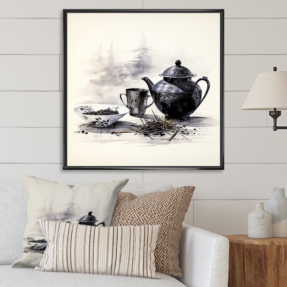 Designart "Black and White Bohemian Tea Set IV" Geometric Framed Wall Art - Bohemian Black Boho Pottery Entryway Framed Wall Art