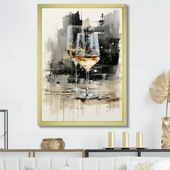 Designart "Black and White Champagne Essence II" Food & Beverage Framed Wall Art - Traditional White Champagne Entryway Framed Wall Art