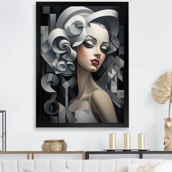Designart "Black and White Cubist Woman Portrait VI" Fashion Framed Wall Art - Glam Black Woman Living Room Framed Canvas Art