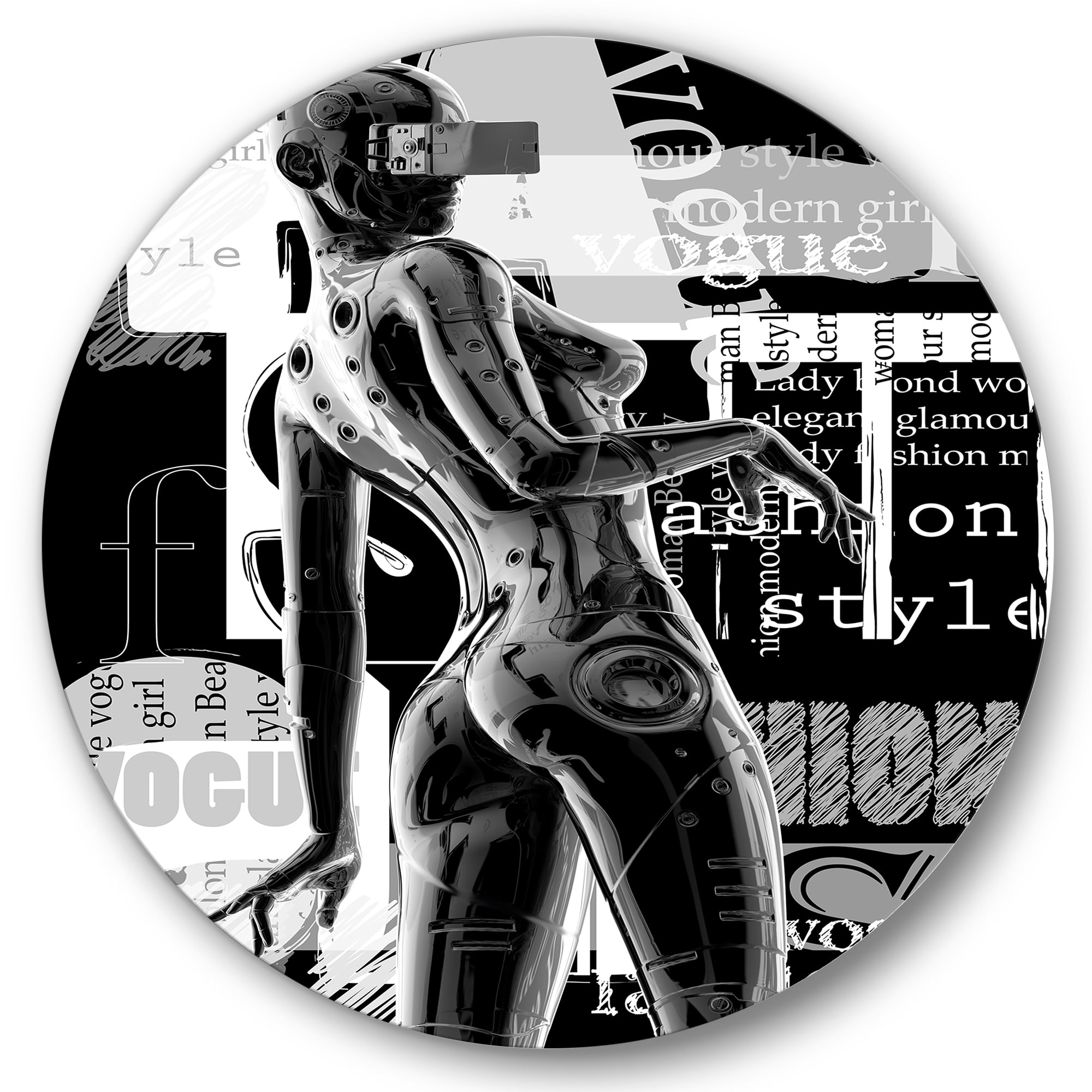 Designart 'Black and White Cyborg Body I' Modern Circle Metal Wall Art 29x29 - Disc of 29
