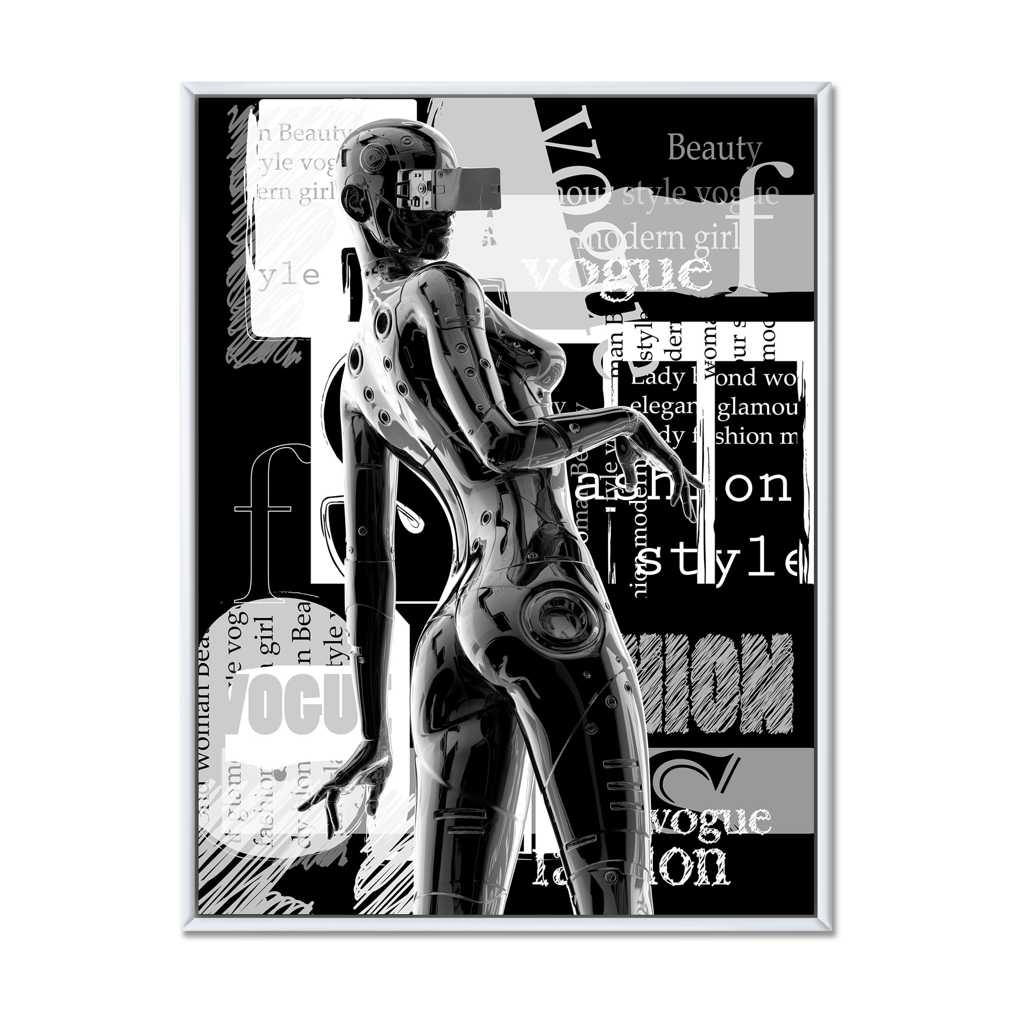 Designart 'Black and White Cyborg Body I' Modern Framed Canvas Wall Art Print