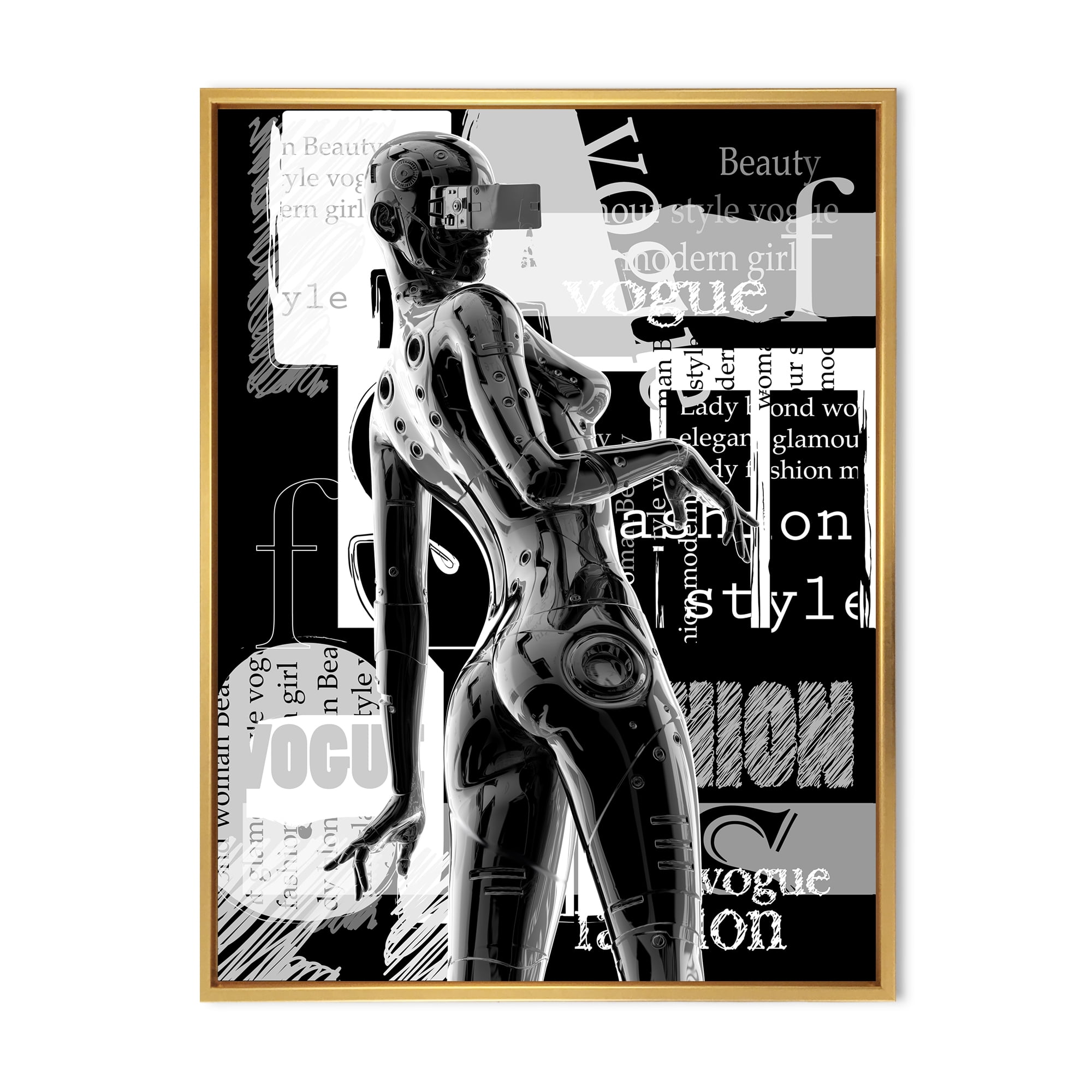 Designart 'Black and White Cyborg Body I' Modern Framed Canvas Wall Art Print