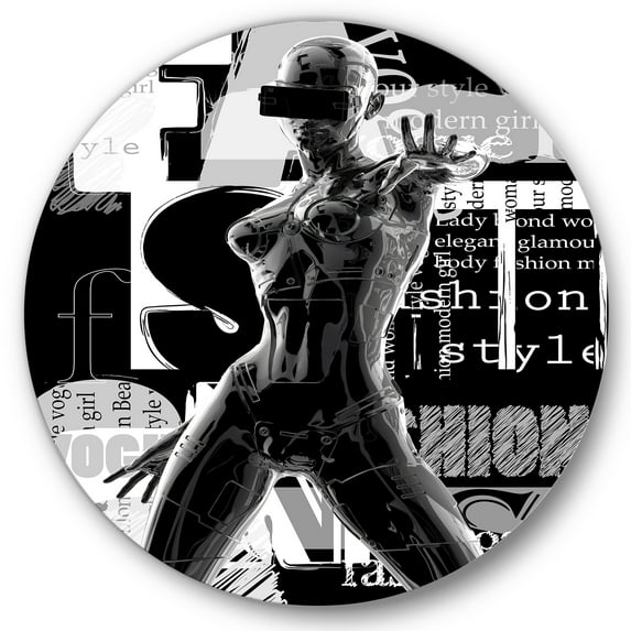 Designart 'Black and White Cyborg Body II' Modern Circle Metal Wall Art 23x23 - Disc of 23