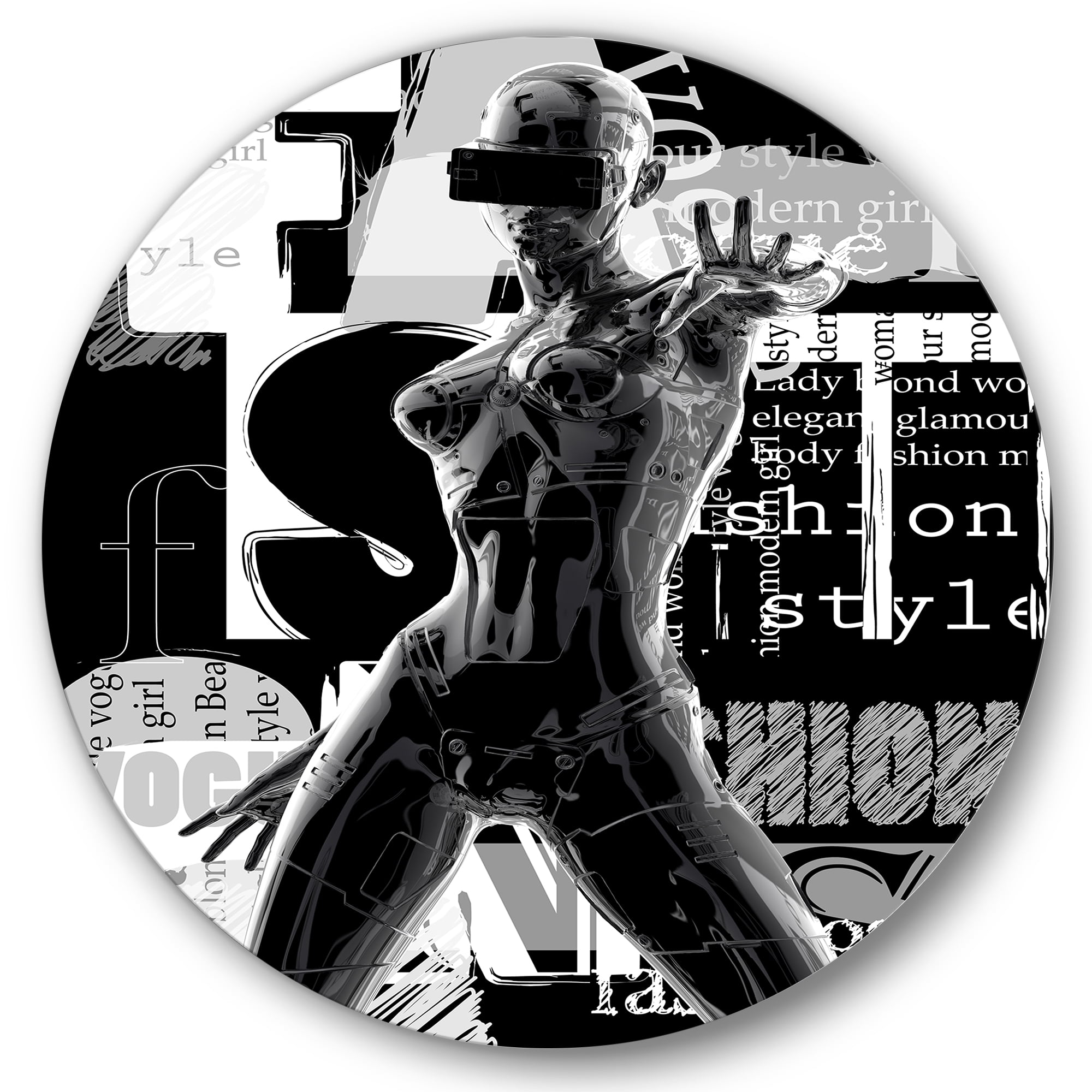 Designart 'Black and White Cyborg Body II' Modern Circle Metal Wall Art 36x36 - Disc of 36