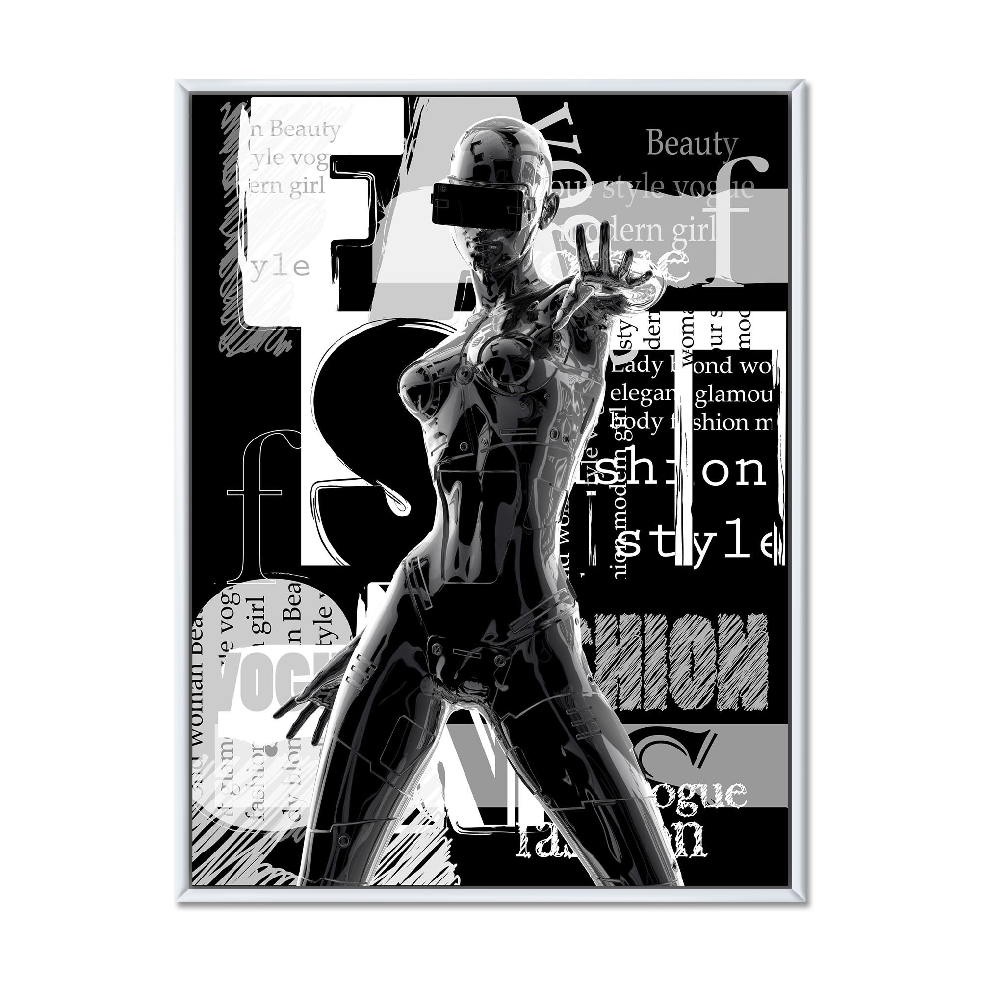 Designart 'Black and White Cyborg Body II' Modern Framed Canvas Wall Art Print