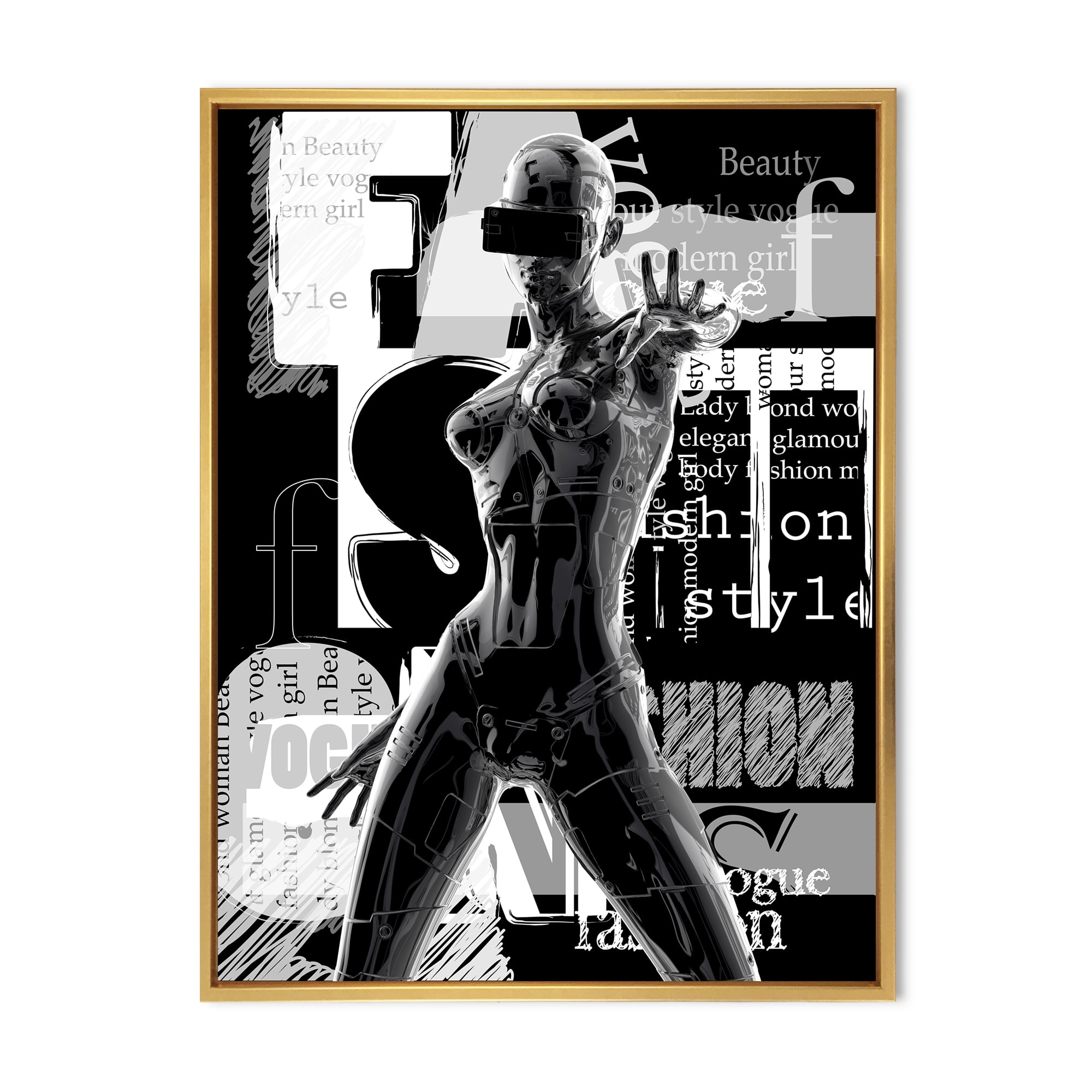 Designart 'Black and White Cyborg Body II' Modern Framed Canvas Wall Art Print
