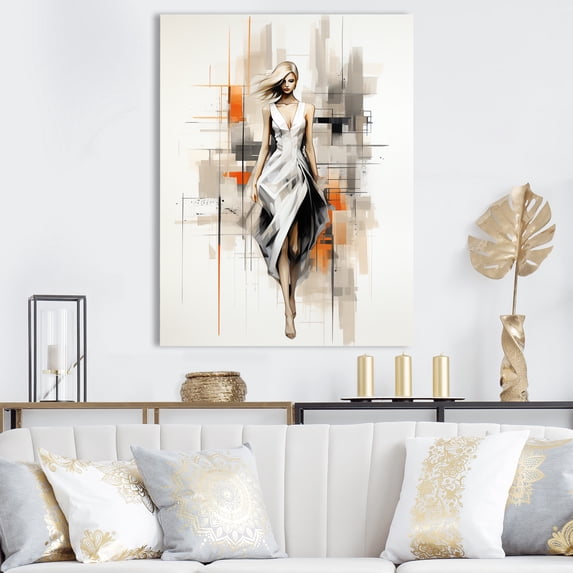 Designart "Black and White Fashion Runway Model I" Fashion Canvas Wall Art - Glam Black Fashion Illustration Living Room Canvas Art