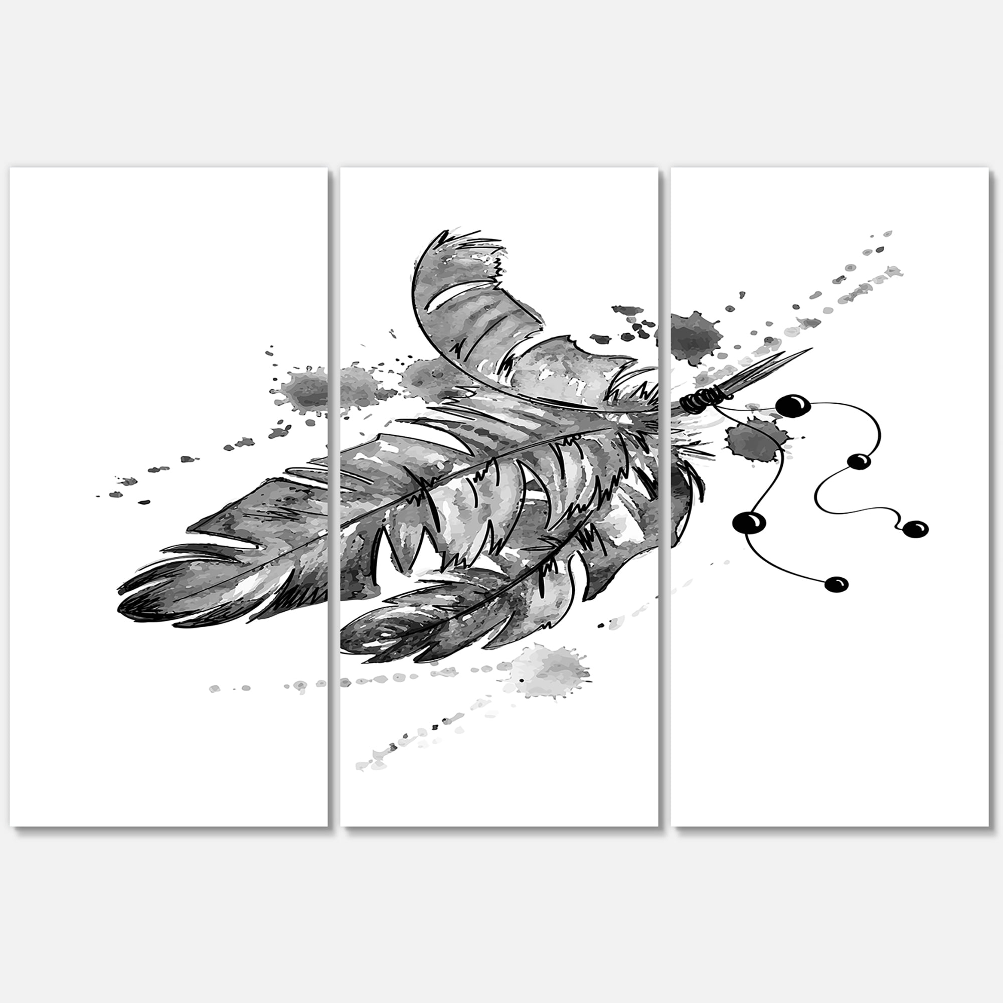 Designart ' Black and White Feathers Impression ' Traditional Canvas Wall Art Print