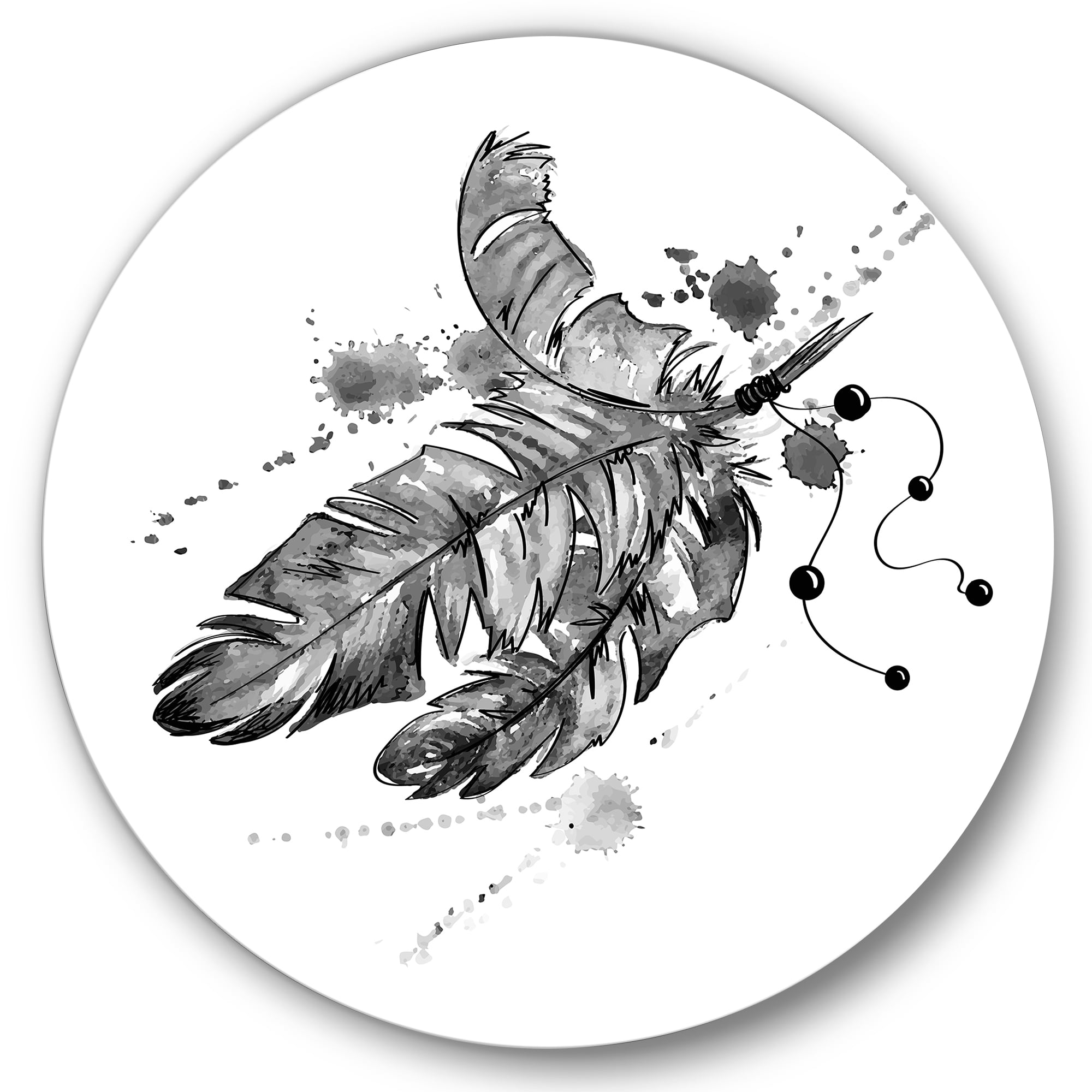 Designart 'Black and White Feathers Impression' Traditional Circle Metal Wall Art 29x29 - Disc of 29
