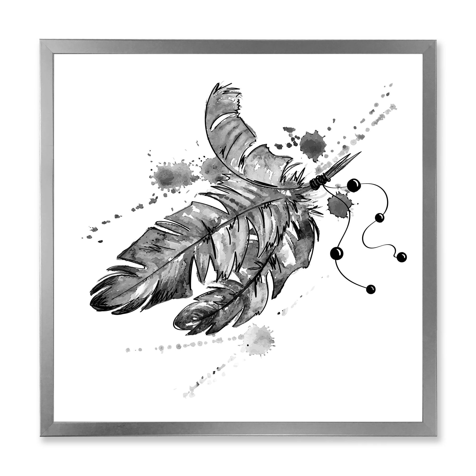 Designart 'Black and White Feathers Impression' Traditional Framed Art Print