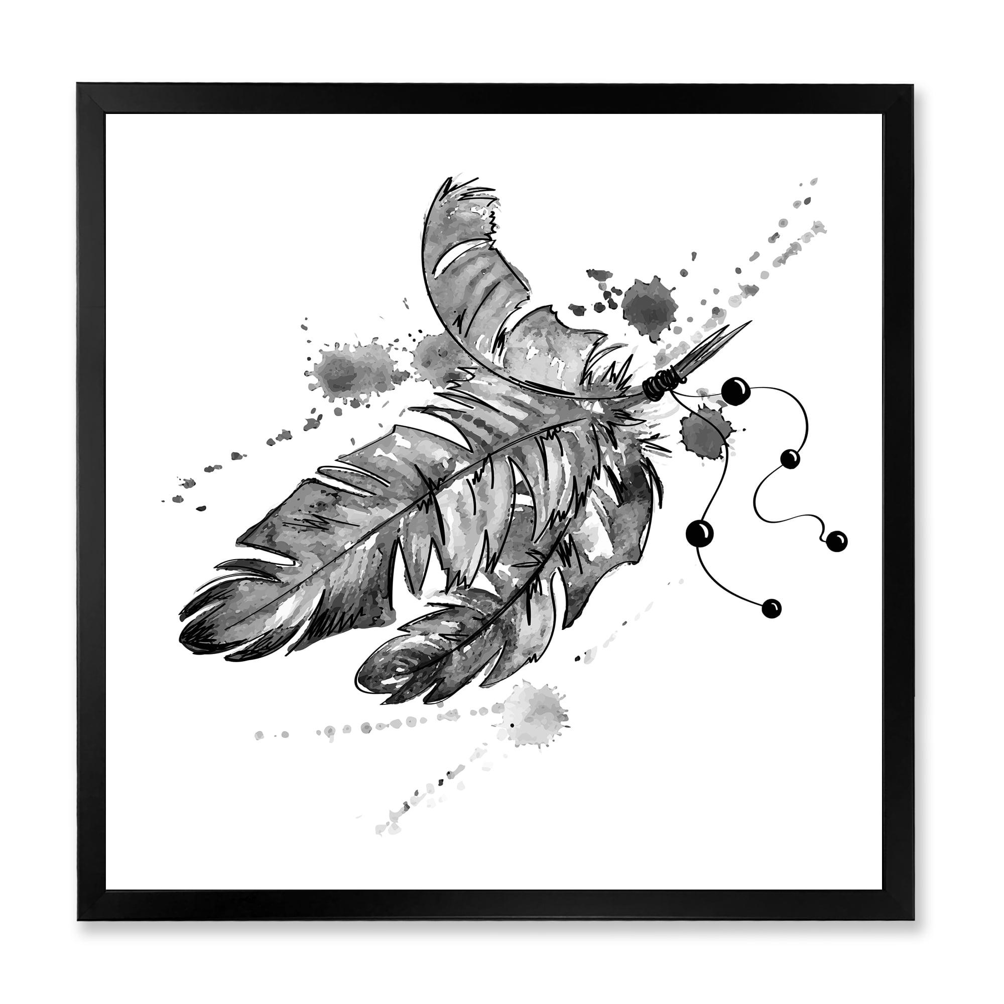 Designart 'Black and White Feathers Impression' Traditional Framed Art Print
