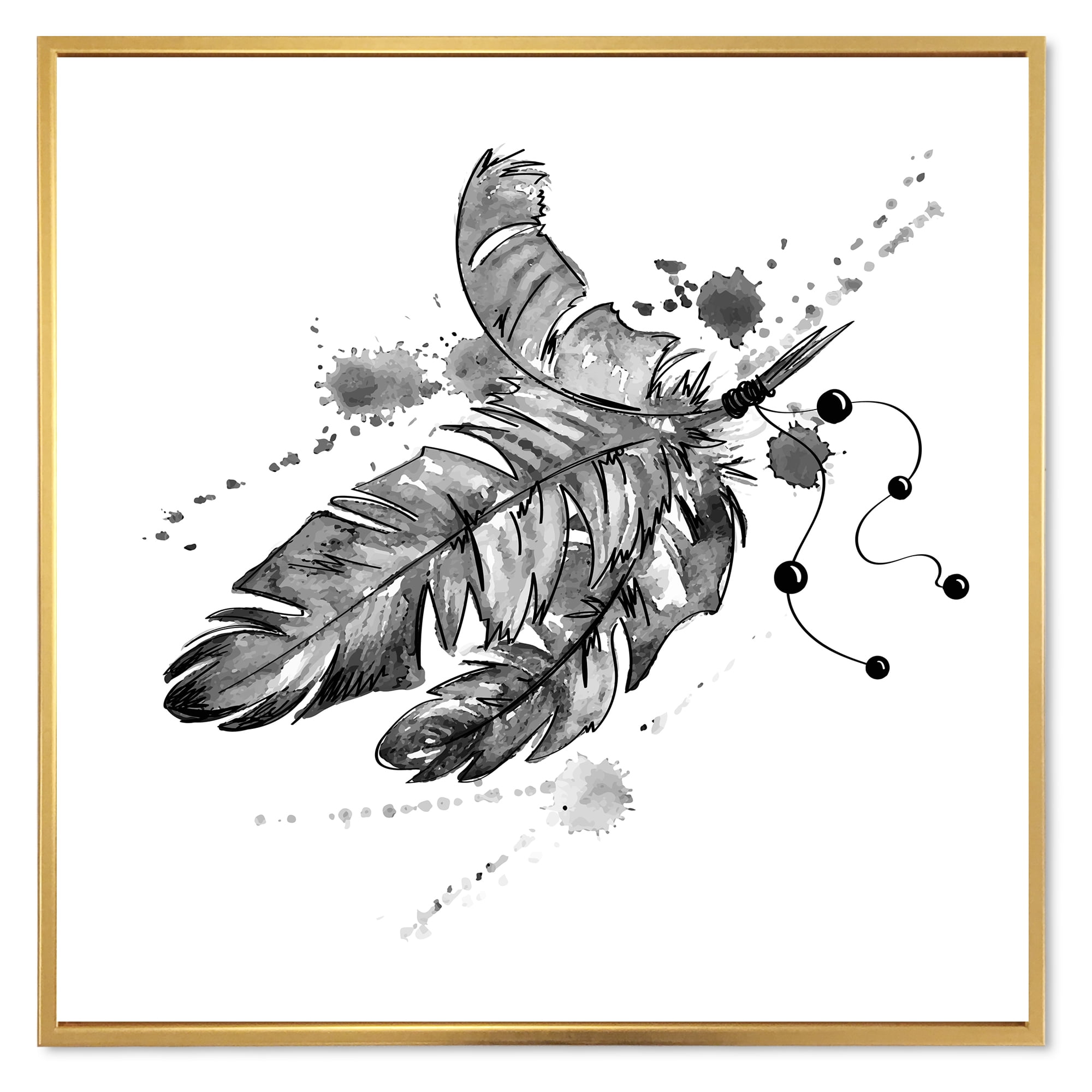 Designart 'Black and White Feathers Impression' Traditional Framed Canvas Wall Art Print