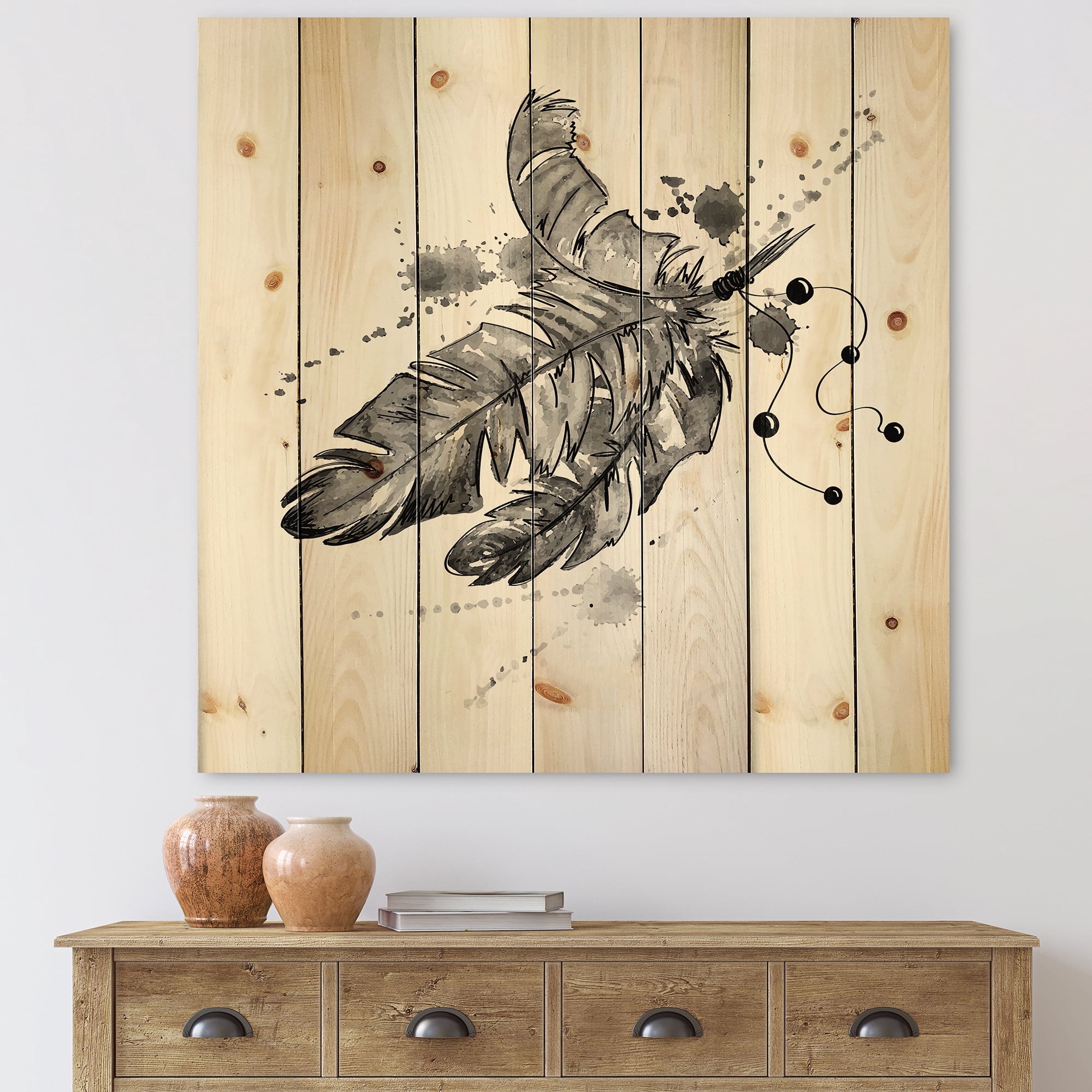Designart 'Black and White Feathers Impression' Traditional Print on Natural Pine Wood