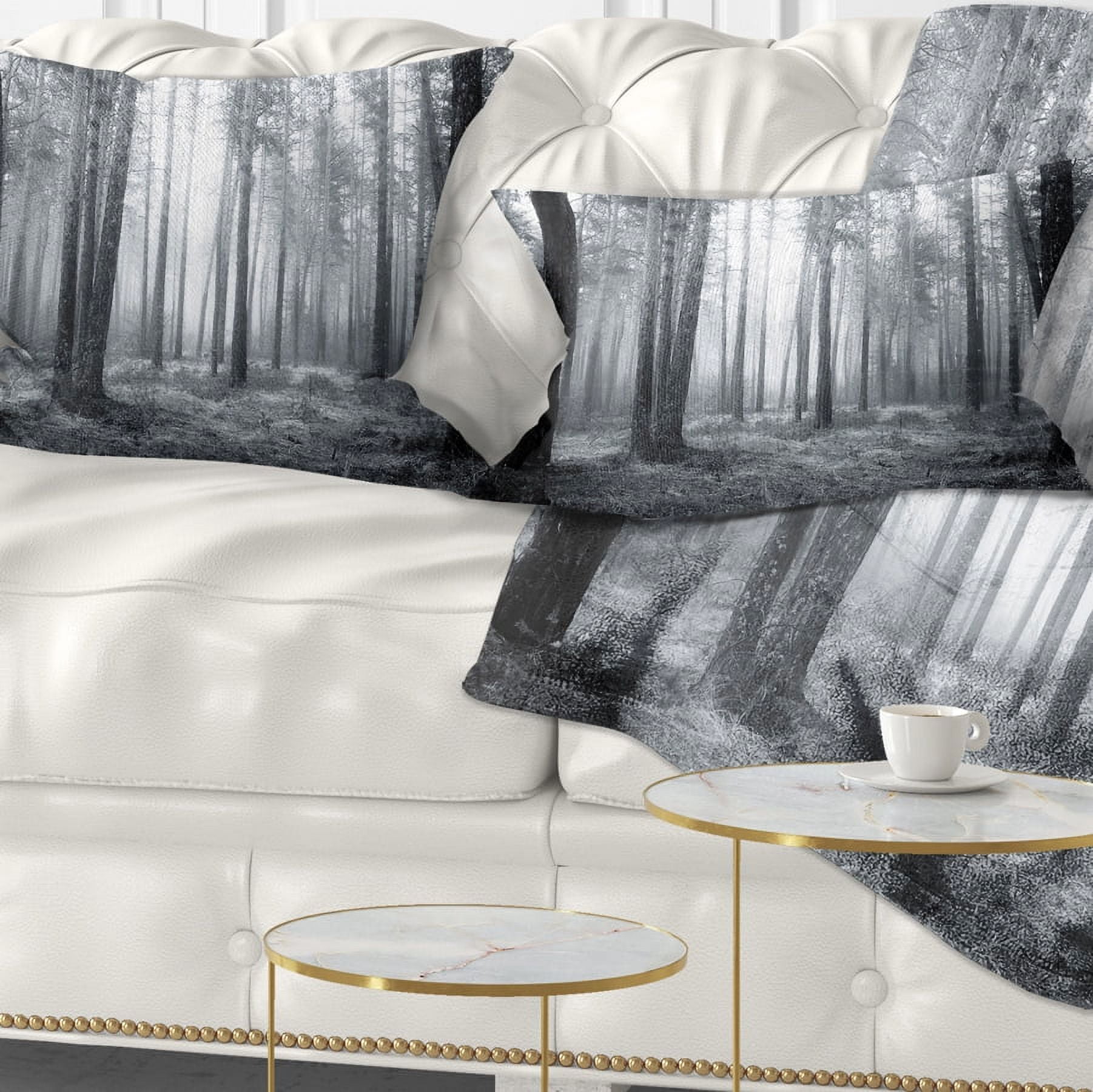 Designart Black and White Foggy Forest - Forest Throw Pillow - 12x20