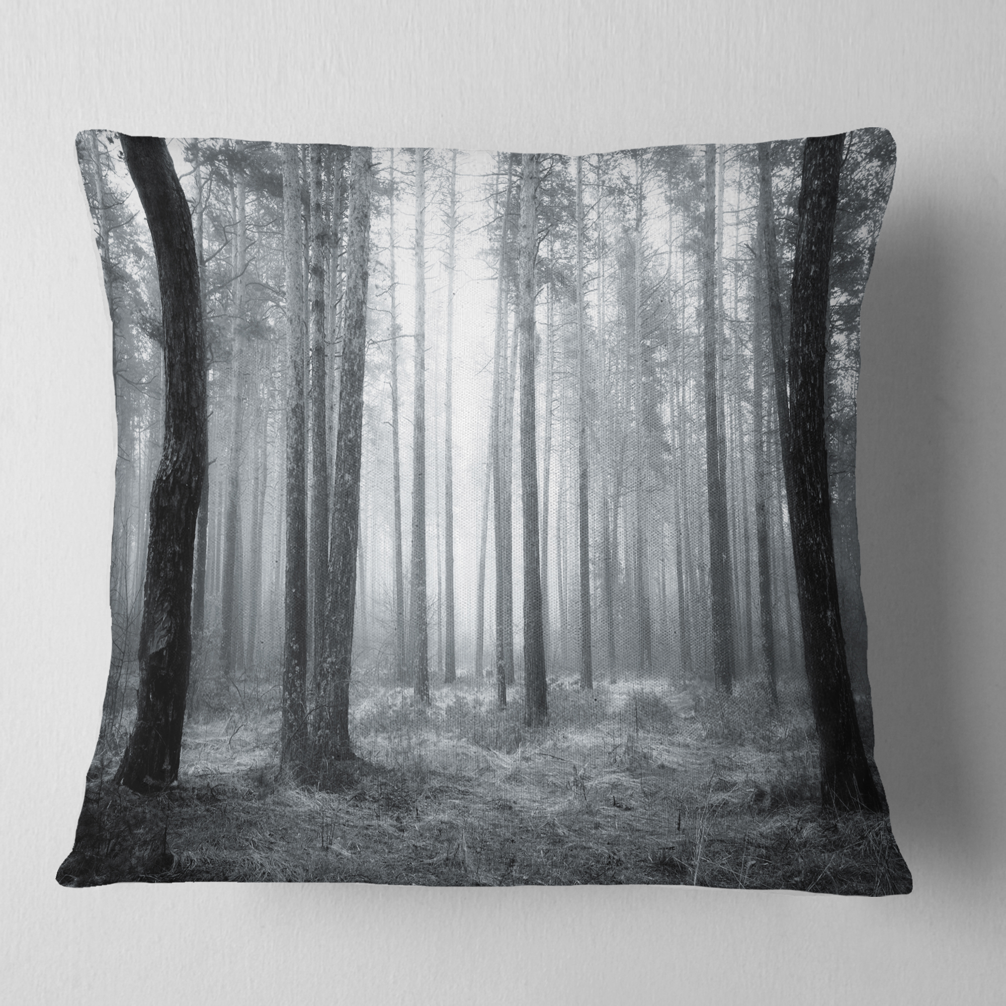 Designart Black and White Foggy Forest - Forest Throw Pillow - 16x16