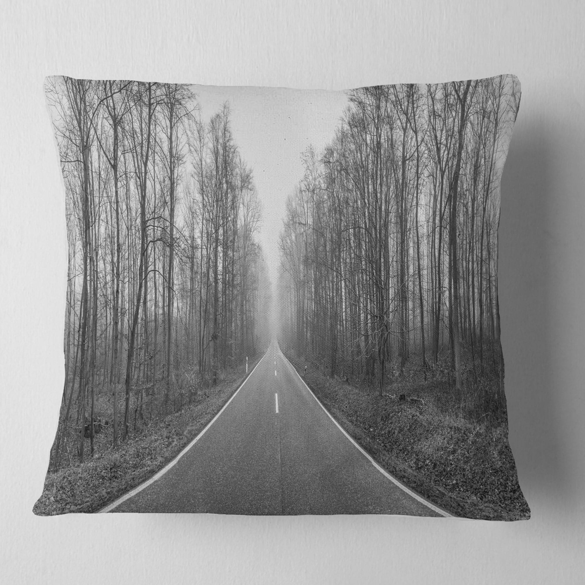 Designart Black and White Freeway in Forest - Landscape Printed Throw Pillow - 18x18