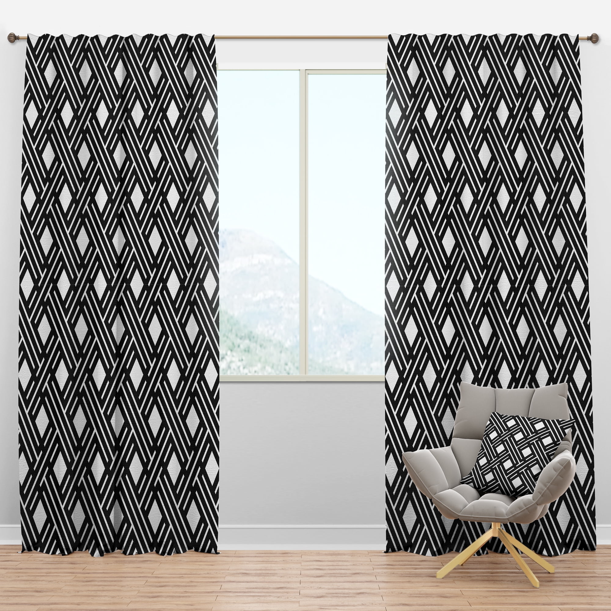 Designart 'Black and White Geometric Pattern II' Mid-Century Modern Blackout Curtain Panel