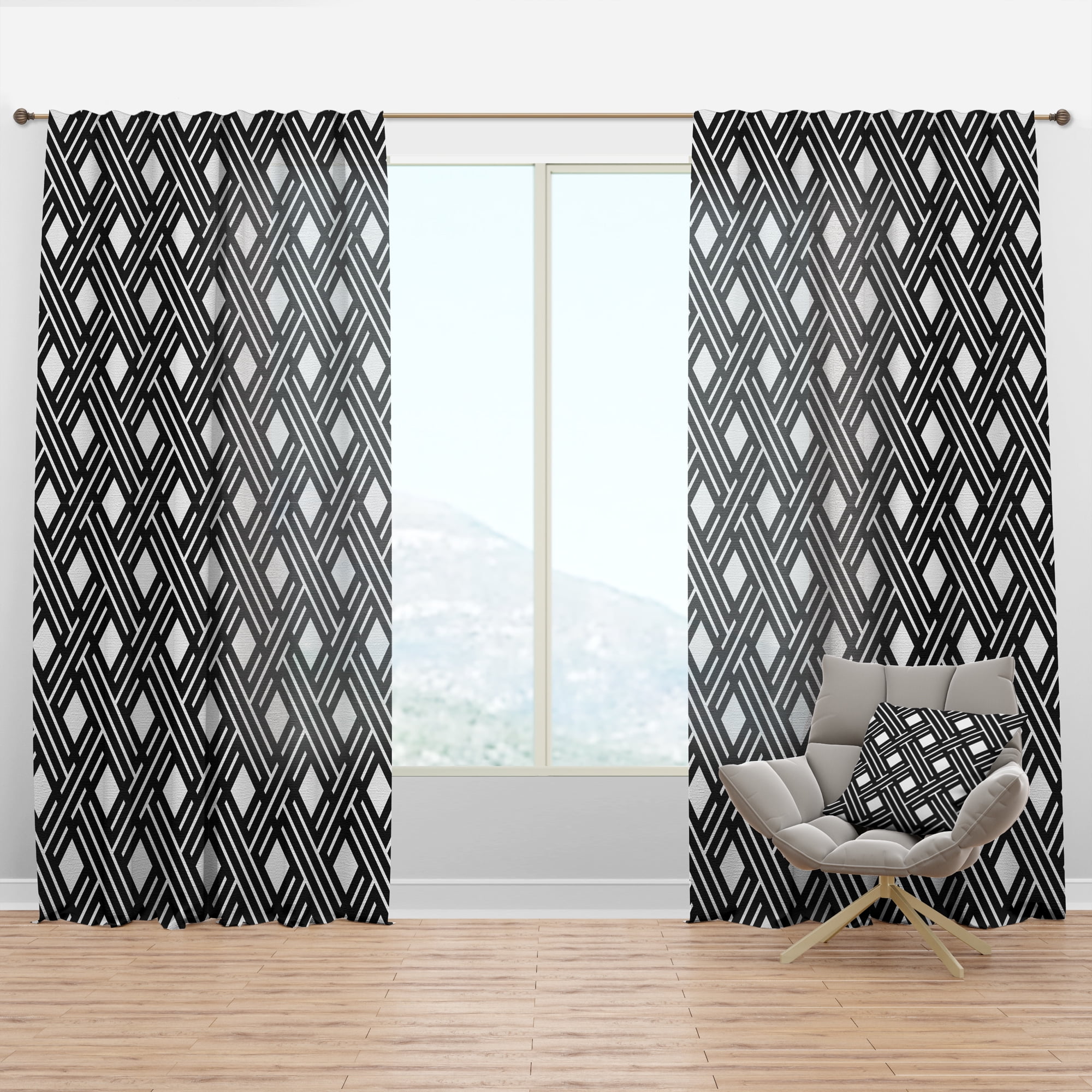 Designart 'Black and White Geometric Pattern II' Mid-Century Modern Curtain Panel
