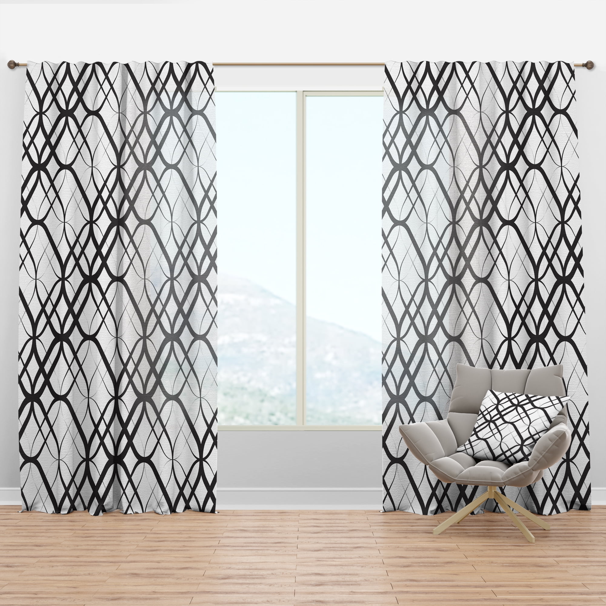 Designart 'Black and White Geometric Pattern III' Mid-Century Modern Curtain Panel