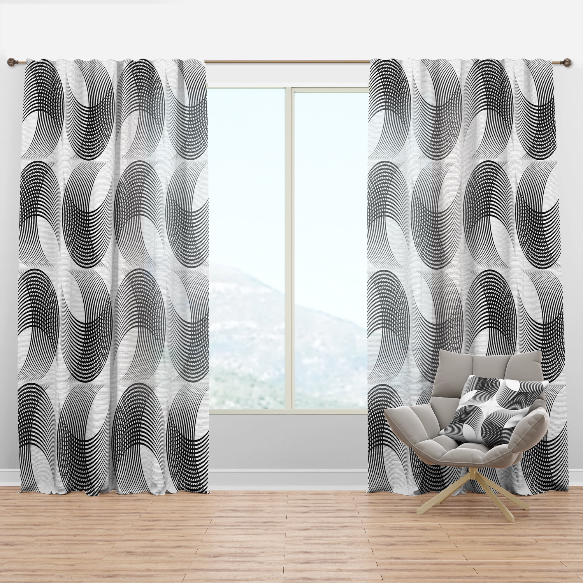Designart 'Black and White Geometric Pattern IX' Mid-Century Modern Curtain Panel
