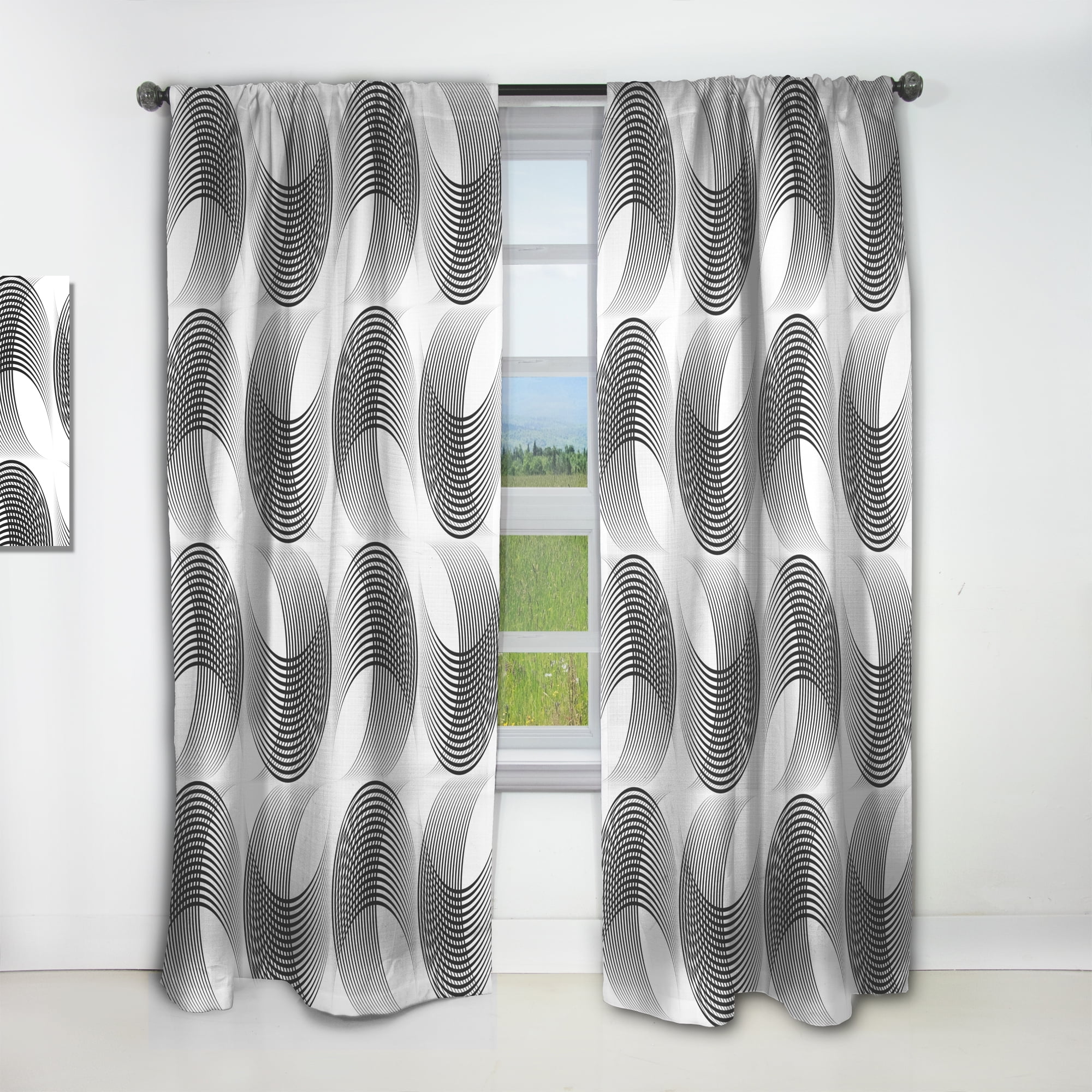 Designart 'Black and White Geometric Pattern IX' Mid-Century Modern Curtain Panel