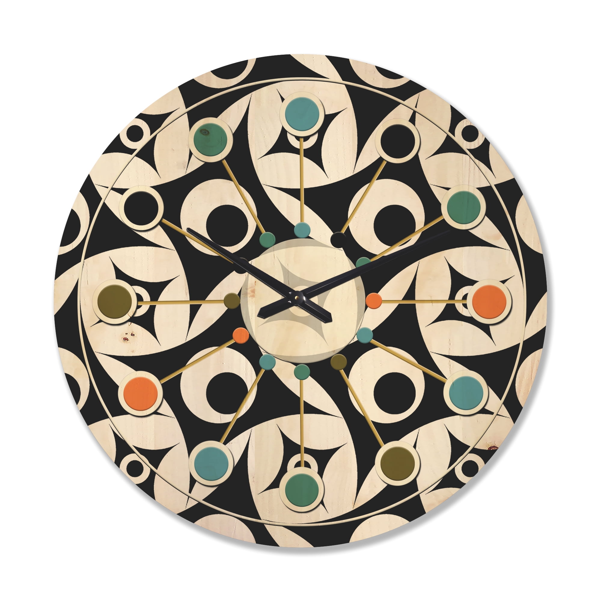 Designart 'Black and White Geometric Pattern VII' Mid-Century Modern Wood Wall Clock