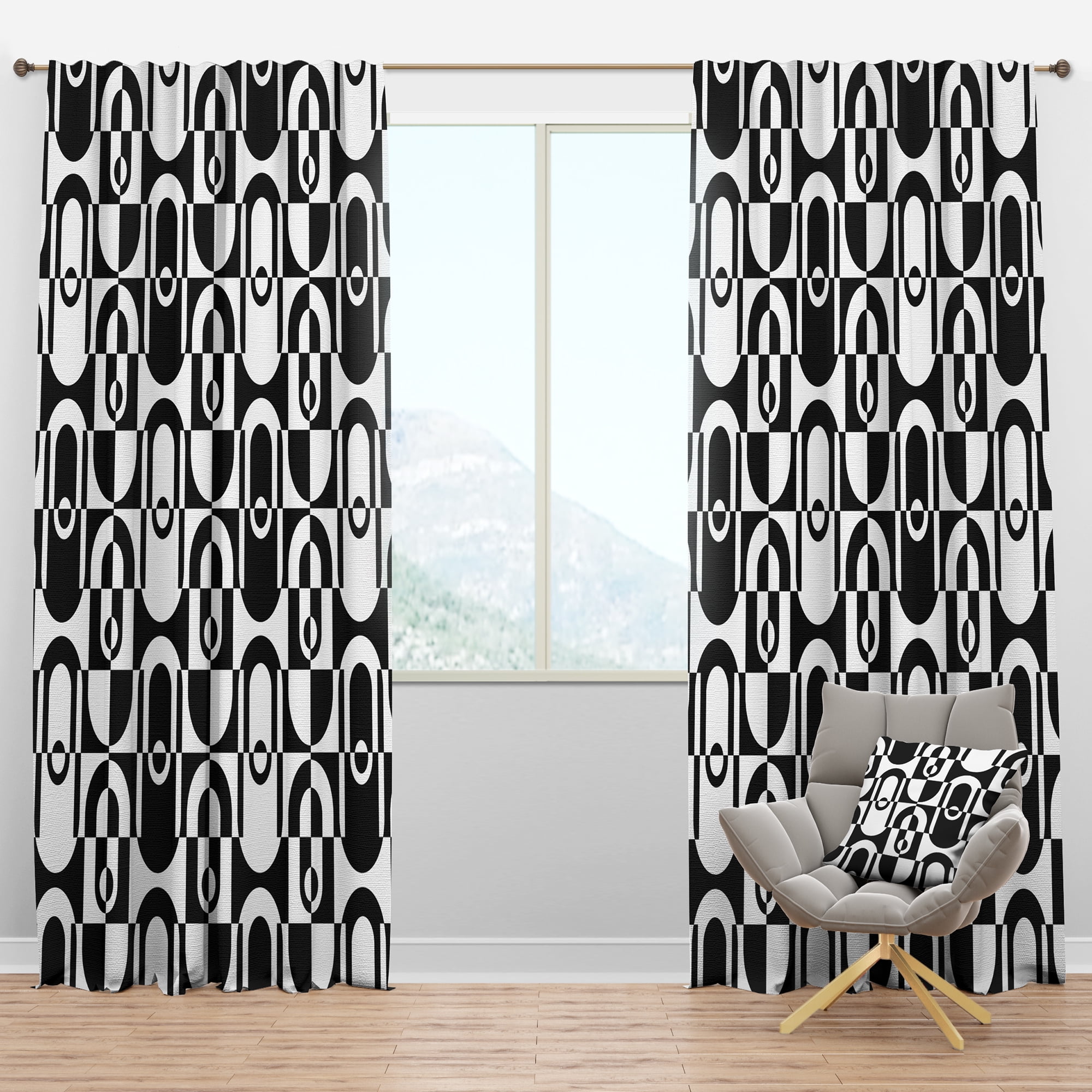 Designart 'Black and White Geometric Pattern VIII' Mid-Century Modern Blackout Curtain Panel