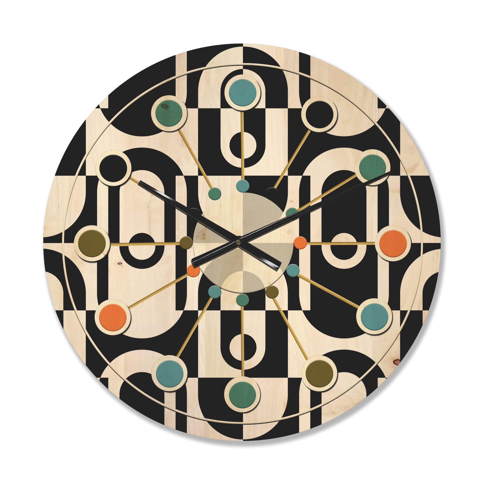 Designart 'Black and White Geometric Pattern VIII' Mid-Century Modern Wood Wall Clock