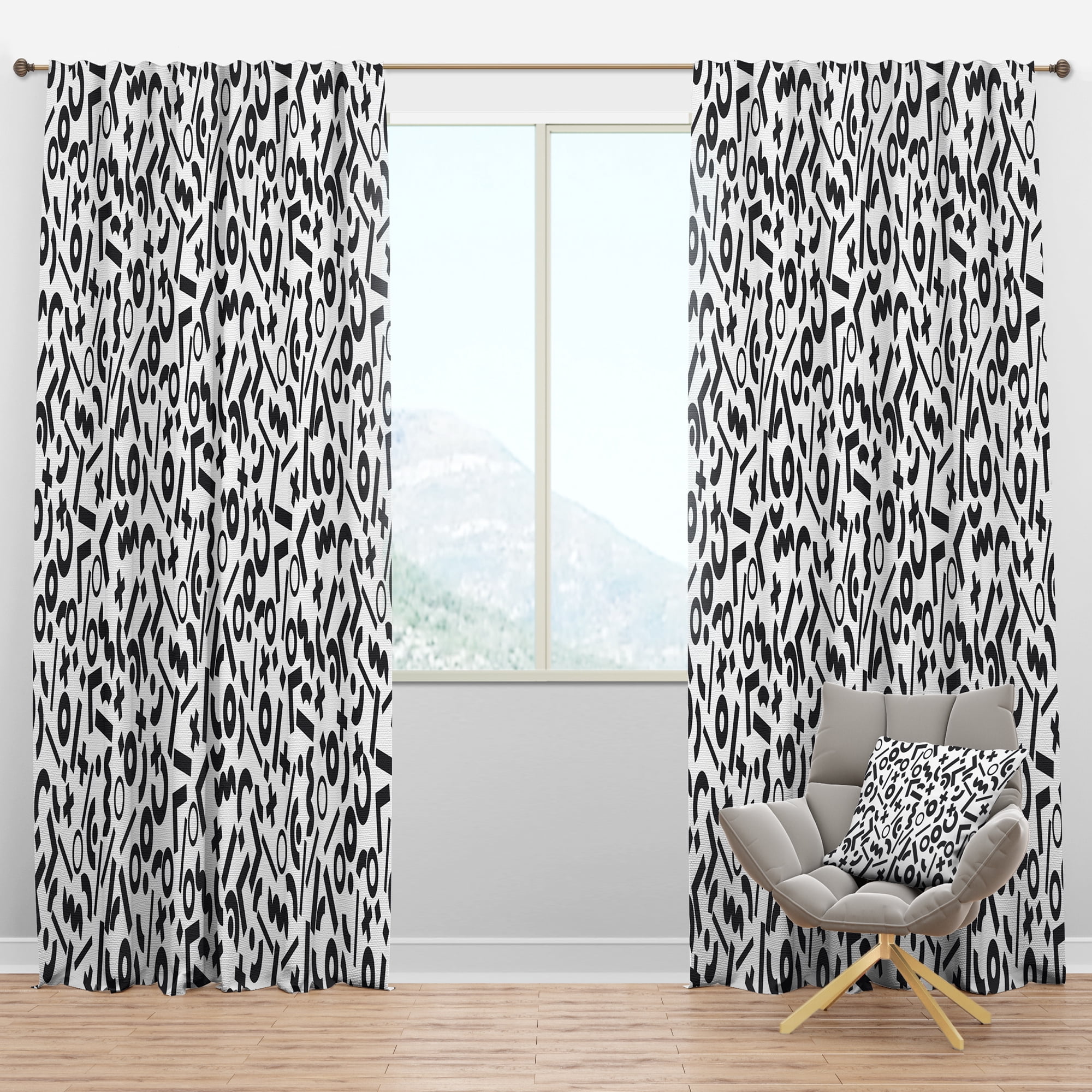 Designart 'Black and White Geometric Pattern X' Mid-Century Modern Blackout Curtain Panel