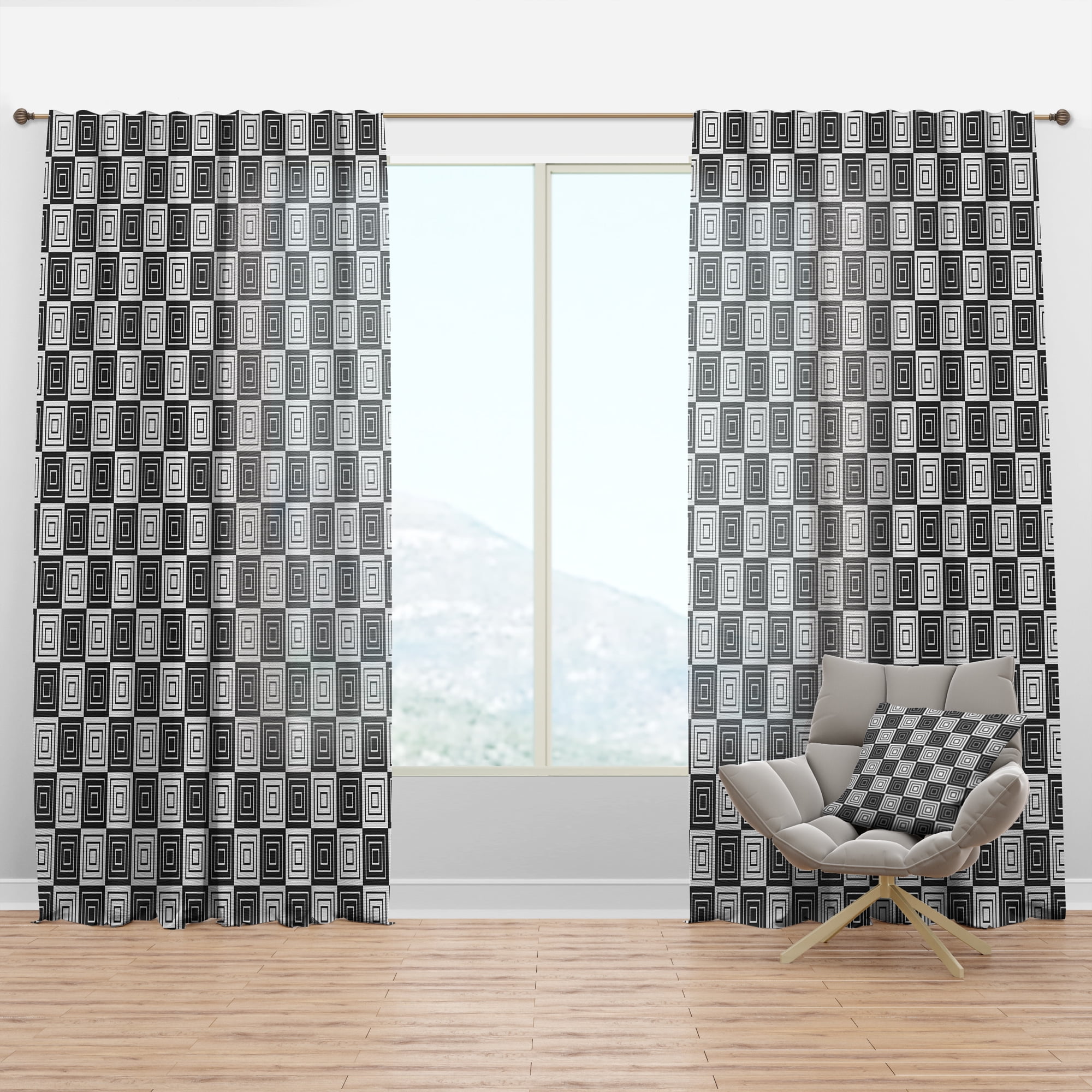 Designart 'Black and White Geometric Pattern XI' Mid-Century Modern Curtain Panel